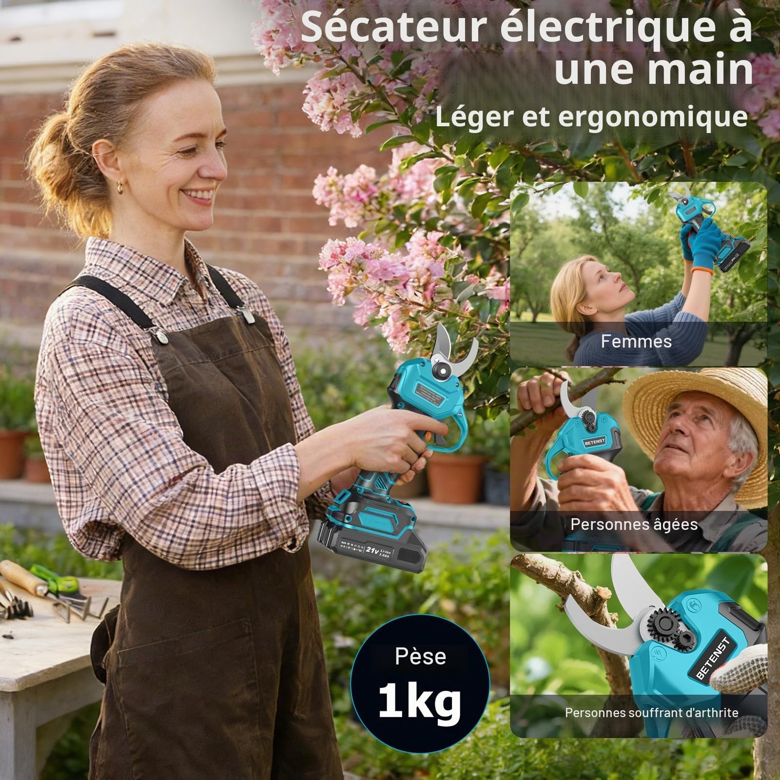 Sécateur Électrique Sans Fil Brushless, BETENST Secateur Electrique 21V avec 2 Batteries 2.0Ah, Lame SK5 Secateur à Batterie, Écran LCD, Pierre à Aiguiser Pour Jardinage, Fruitiers, Arbustes