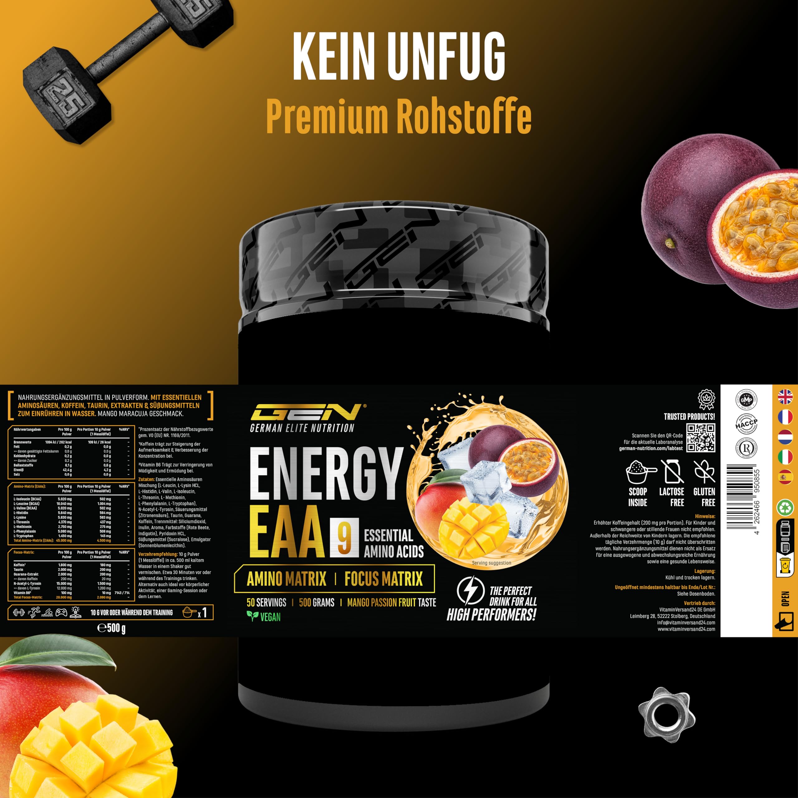 EAA Energy Mix - 500 g - Amino Matrix + Focus Matrix - Zuckerfreie Alternative zu Energy Drinks - Mit Koffein, Taurin, Guarana, N-Acetyl-L-Tyrosin - Pre Workout Booster - Vegan (Mango Maracuja) | Mango Maracuja, Zuckerfrei, mit Koffein, Taurin, Guarana &