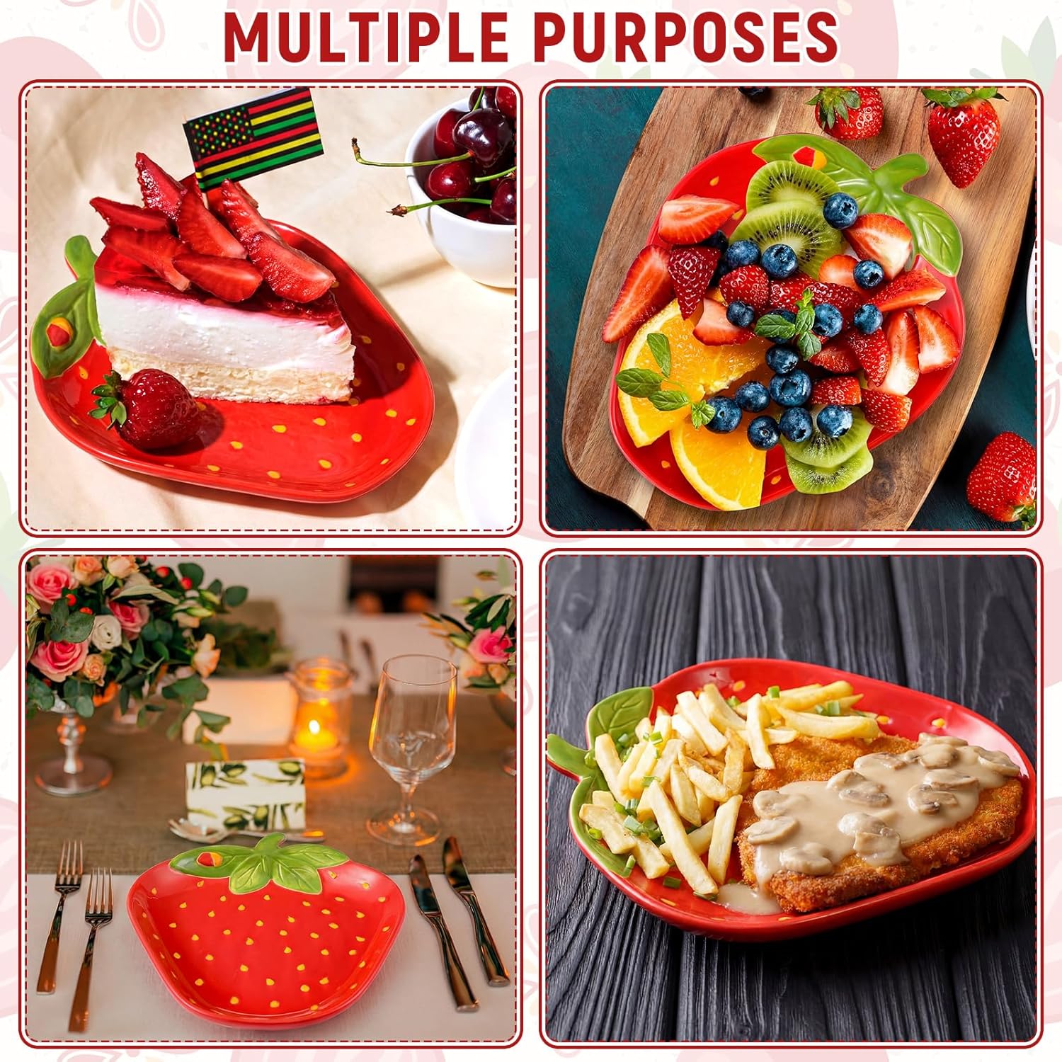 LemonRoad 4 Pcs Ceramic Strawberry Plates 9 Inch Food Serving Platters Strawberry Theme Party Decorations Cute Fruit Salad Plates Dishes Spring Tableware Serving Tray for Dinner Dessert Picnic Candy