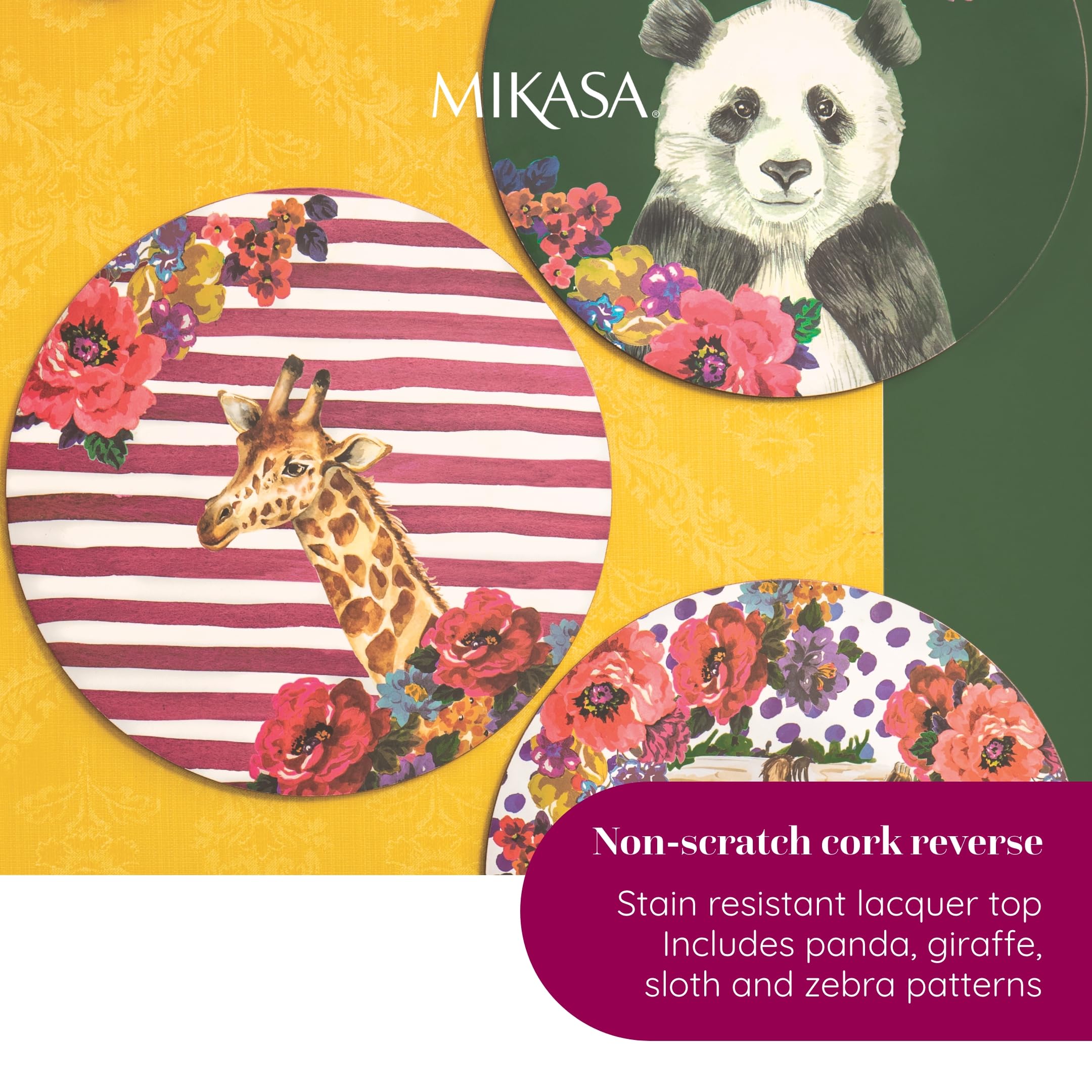 Mikasa Wild at Heart Okrągłe podkładki korkowe, 25 cm, zestaw 4 odpornych na ciepło, antypoślizgowych i zmywalnych podkładek na stół ze zwierzęcymi nadrukami