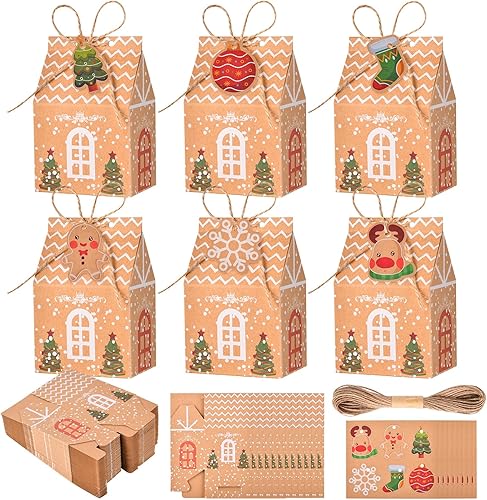 YKLIGTN 50 paquetes de cajas de dulces y galletas de Navidad, bolsas de regalo con etiquetas de patrón de bricolaje y cuerda de cáñamo, creativas