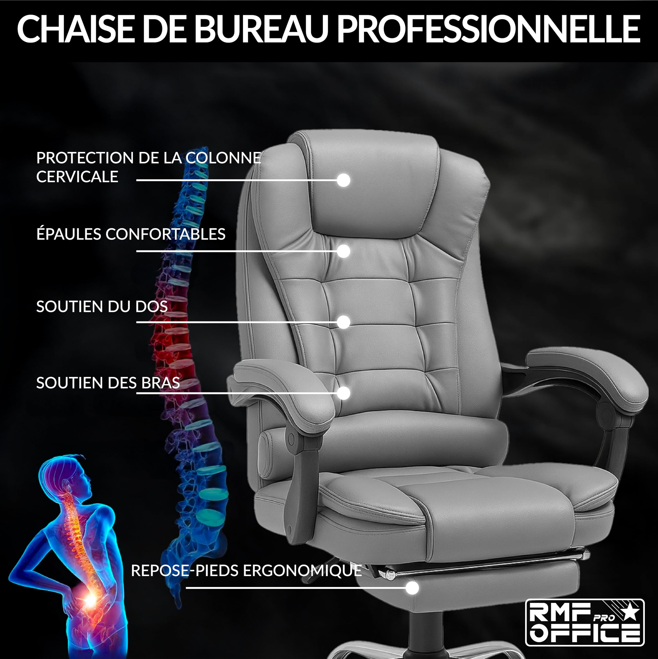 RMF Fauteuil de Bureau Ergonomique Inclinable avec Repose-Pieds, Chaise de Bureau Confortable avec Roulettes Pivotantes et Hauteur Réglable Gris