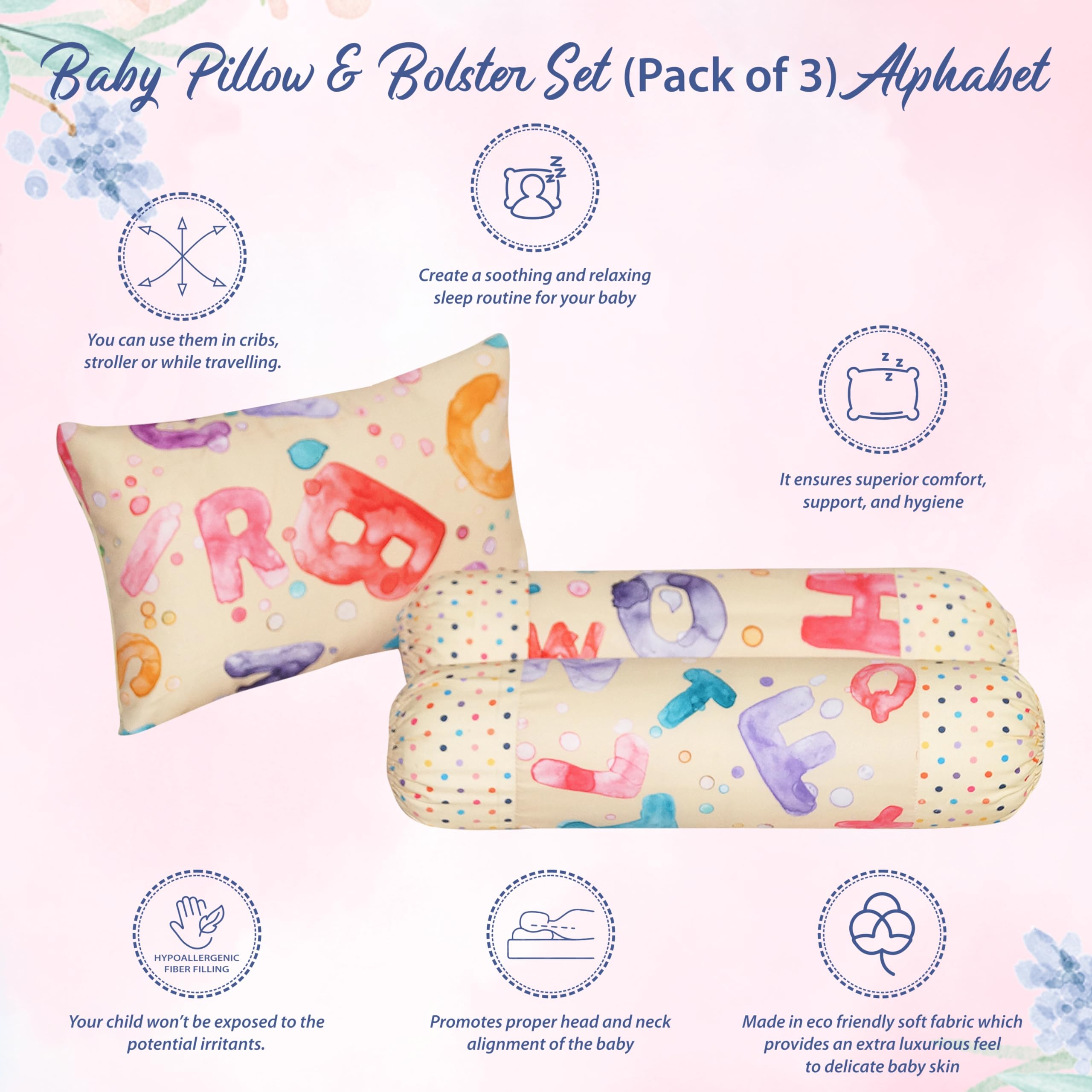 Oscar Home Toddler Pillow and Bolster Set with Covers which are Removable & Washable for Boys & Girls (Pack of 2, Alphabet) - Image 5 thumbnail