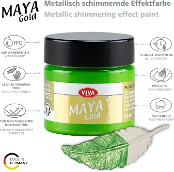 Viva Decor Maya Gold (Apple Green) 1.52 Fl Oz - Shiny metallic acrylic paint for creative works on wood, glass, and porcelain. Impact-resistant, smudge-proof, and weatherproof for long-lasting results