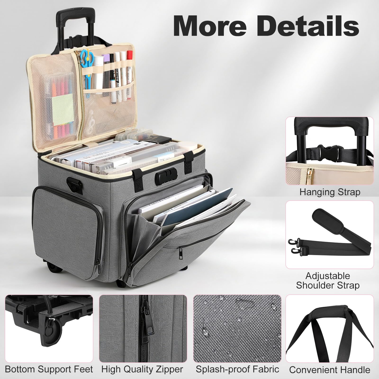 Housolution Rollende Lehrertasche mit Rädern, Lehrertasche mit abnehmbarem Trolley, Laptop-Arbeitskoffer auf Rädern, Aktenkoffer mit Akkordeonordner, passend für 15,6" Laptop, Grau