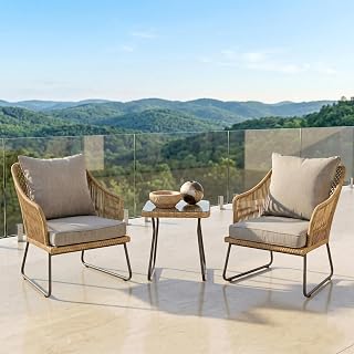 BRISHI Garden Patio Seating Chair and Table Set Outdoor Balcony Garden Coffee Table Set Furniture with 1 Table and 2 Chairs Set with Cushion Braid & Rope (Honey.)