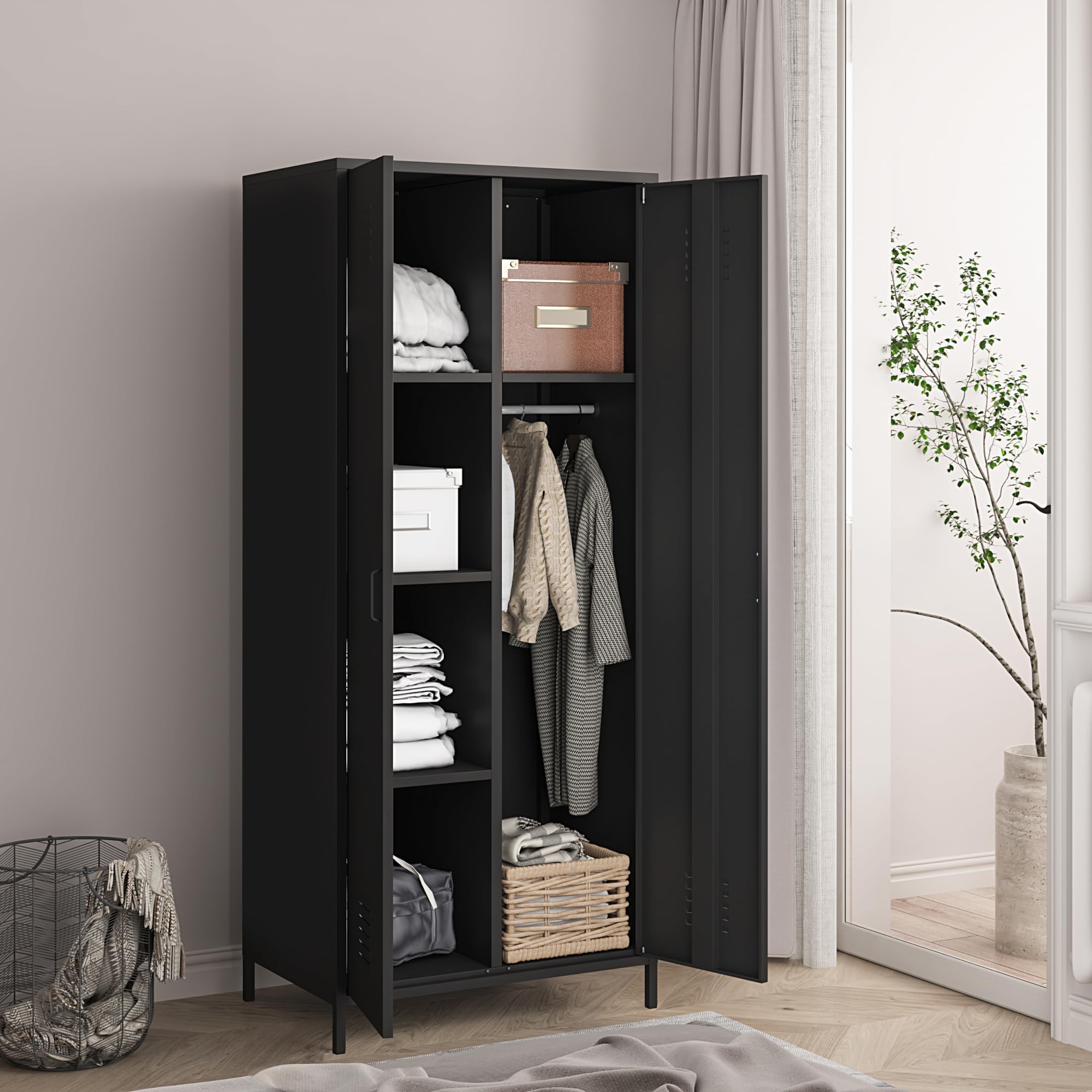 [en.casa] Armoire Métallique Vestiaire Casier avec Fentes d'Aération Barre de Penderie Meuble de Rangement Style Industriel pour Chambre Bureau Atelier Acier 180 x 76 x 50 cm Noir Mat