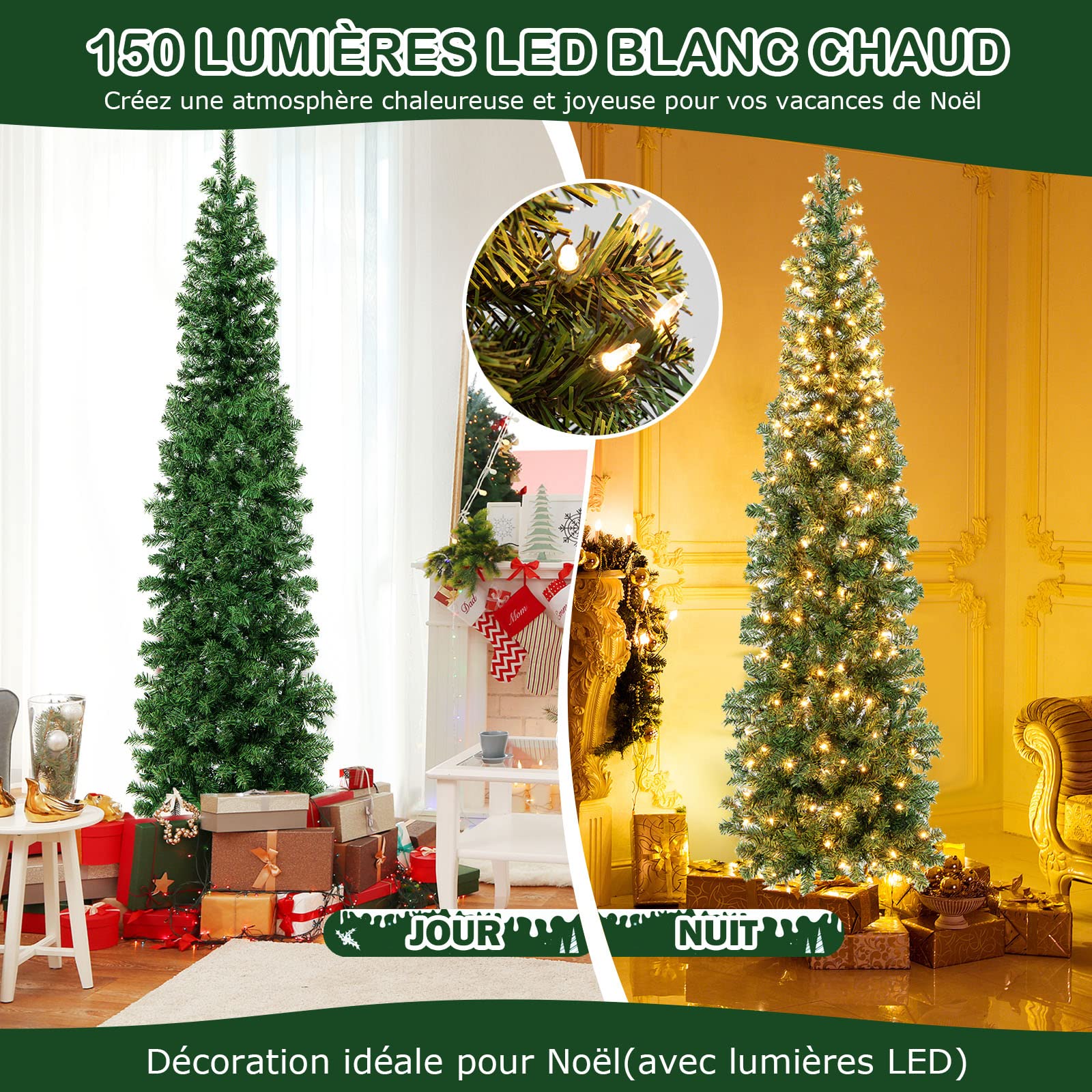 COSTWAY Sapin de Noël Moitié Artificiel 210 cm, 150 Lumières LED Blanc Chaud, Arbre Pliable avec 450 Branches, Support en Métal, Décoration Fête, Convient pour Les Coins