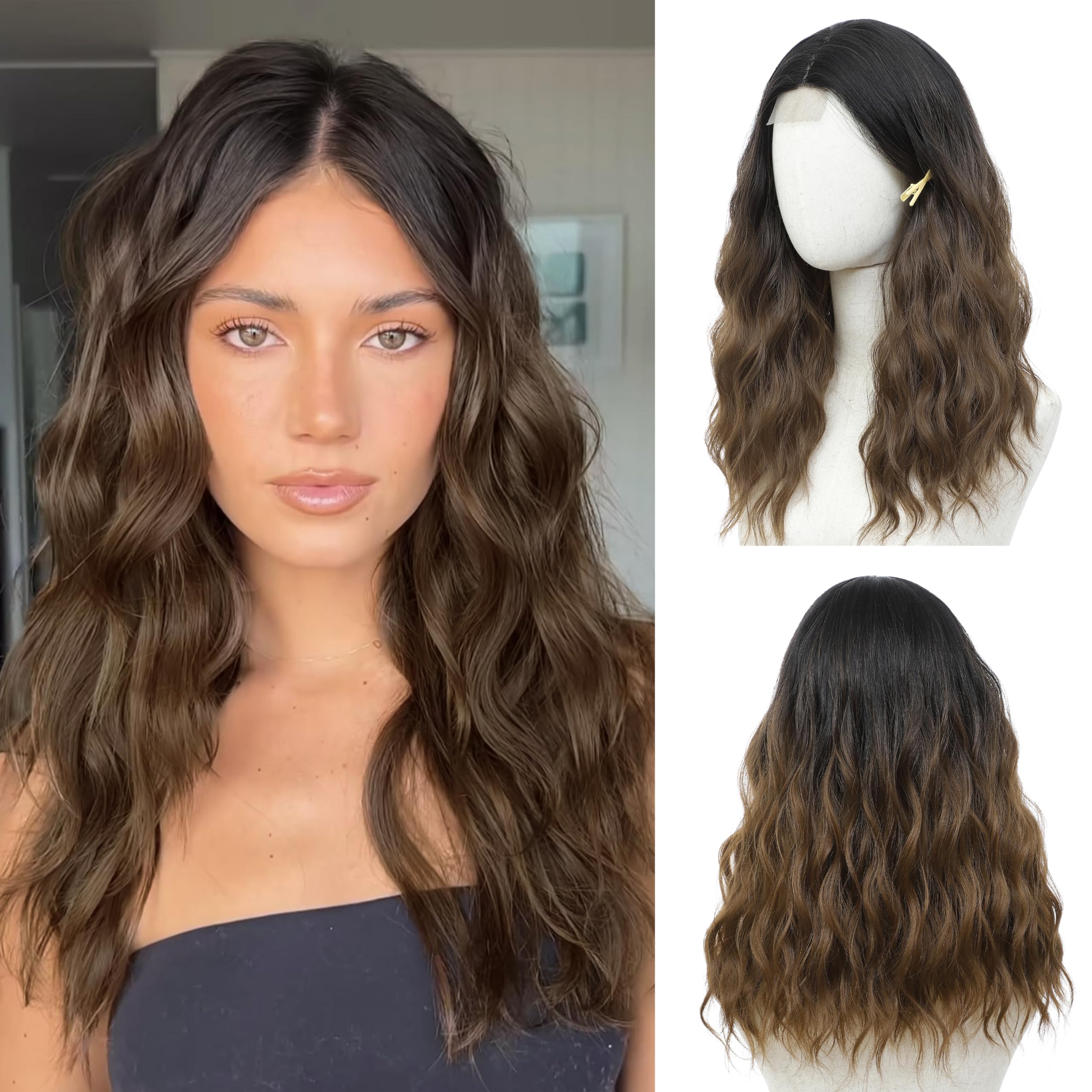 BUPPLER Black Ombre Brown Wig 18 Inch Medium Length Wigs for Women Middle Part Synthetic Hair Wavy Wig with Upgraded Strands,Natural Hair Wigs for Daily Party/Halloween Use 18Inch,Black Ombre Brown