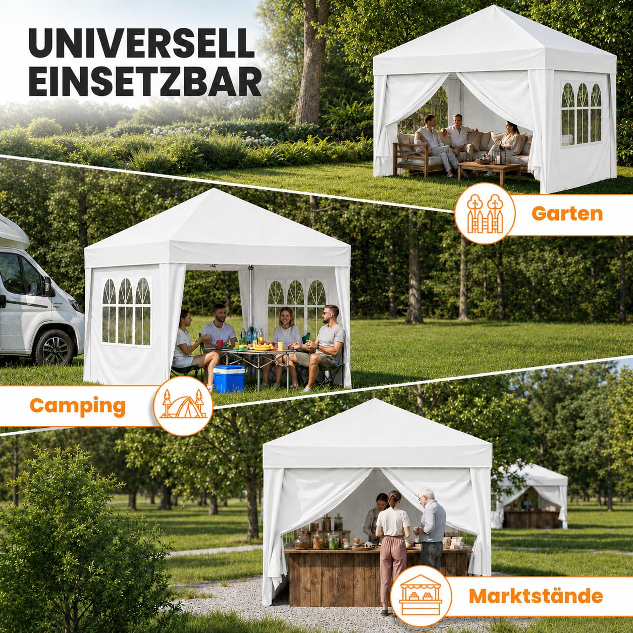 NATURIZ® Pavillon 3x3 Wasserdicht Stabil und UV 50+ Schutz - Faltpavillon mit Seitenwänden - Pop Up Zelt für Garten, Camping, Marktstand & Partyzelt, Gartenpavillon, Gartenzelt, Festzelt (Beige)
