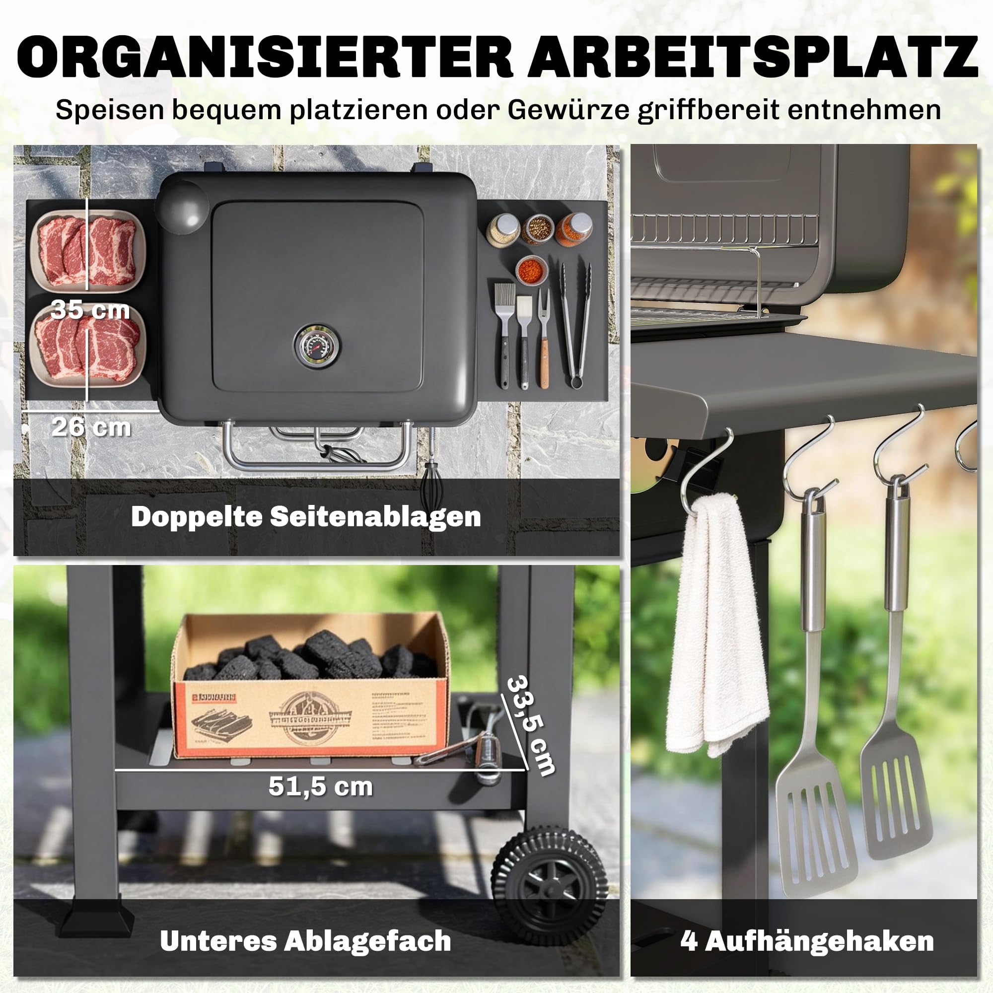 Outsunny Grill węglowy BBQ Smoker z pokrywą, termometrem, regulowaną wysokością węgla, kominem, rusztem, boczną półką i tacką na popiół, grill na kółkach do ogrodu i kempingu