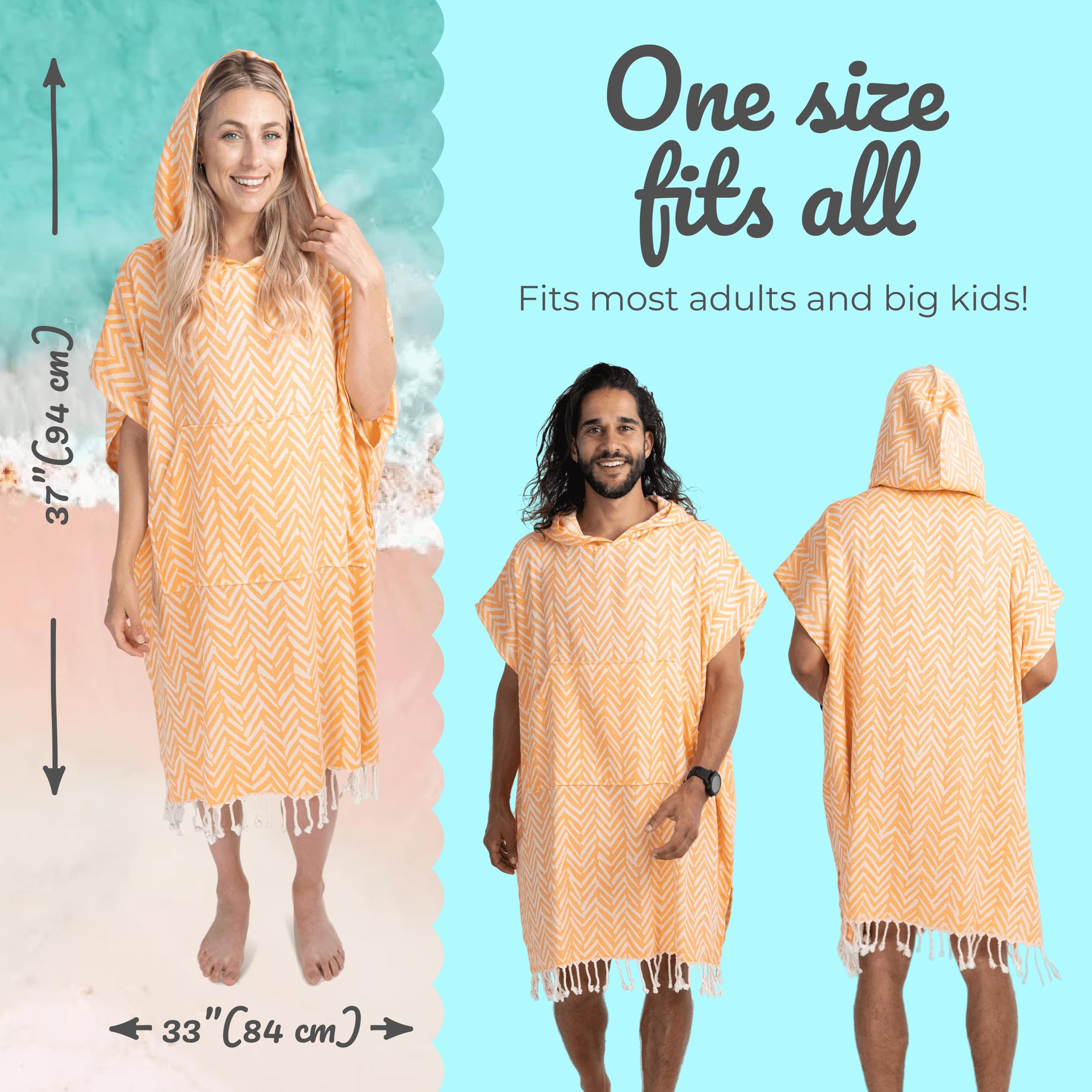 Nova Blue Wickelponcho – Orange Azteken-Handtuch – großes Kapuzenhandtuch für Erwachsene (33 x 37) – 100% türkische Baumwolle, super saugfähig, Poolabdeckung für Strand und Pool