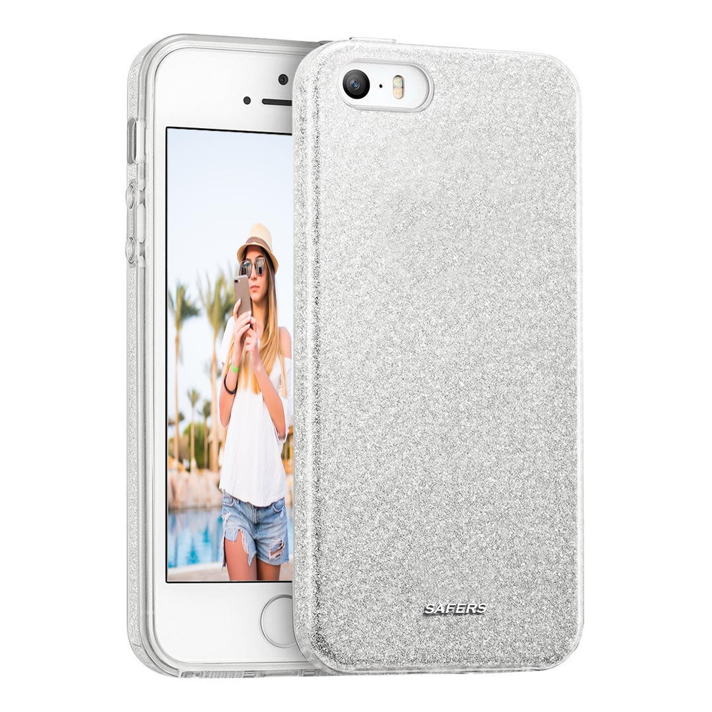 Verco Protective Case for iPhone 5S Case, iPhone SE 1 Case Glitter Design Mobile Phone Case for Apple iPhone 5/5S/SE Silicone TPU Cover, Silver