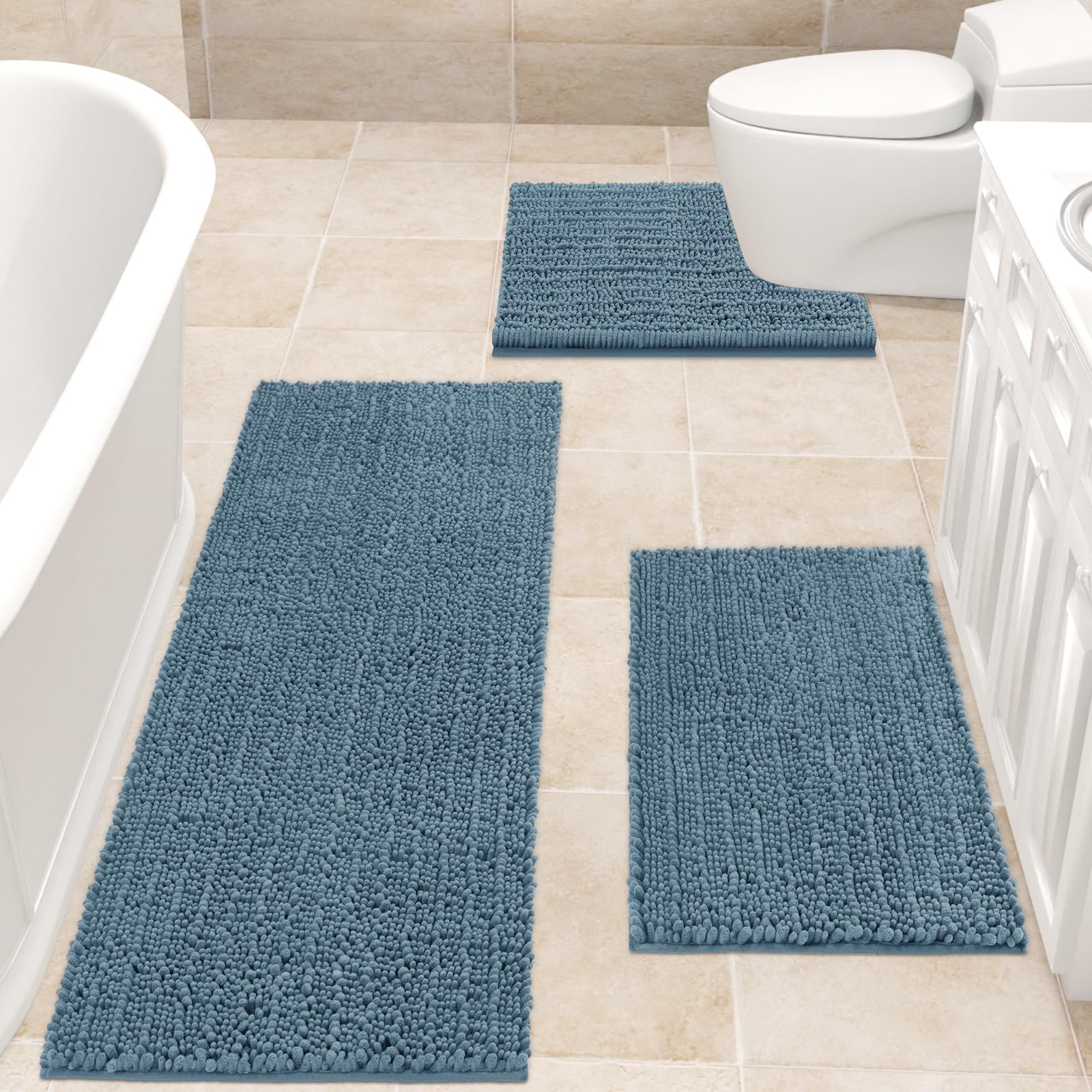 accumtek upgrade extra large haze blue bathroom rug set 3 pieces ultra soft, thick absorbent bath mats, non slip chenille toilet mat for bathroom, bedroom, kitchen, stone blue