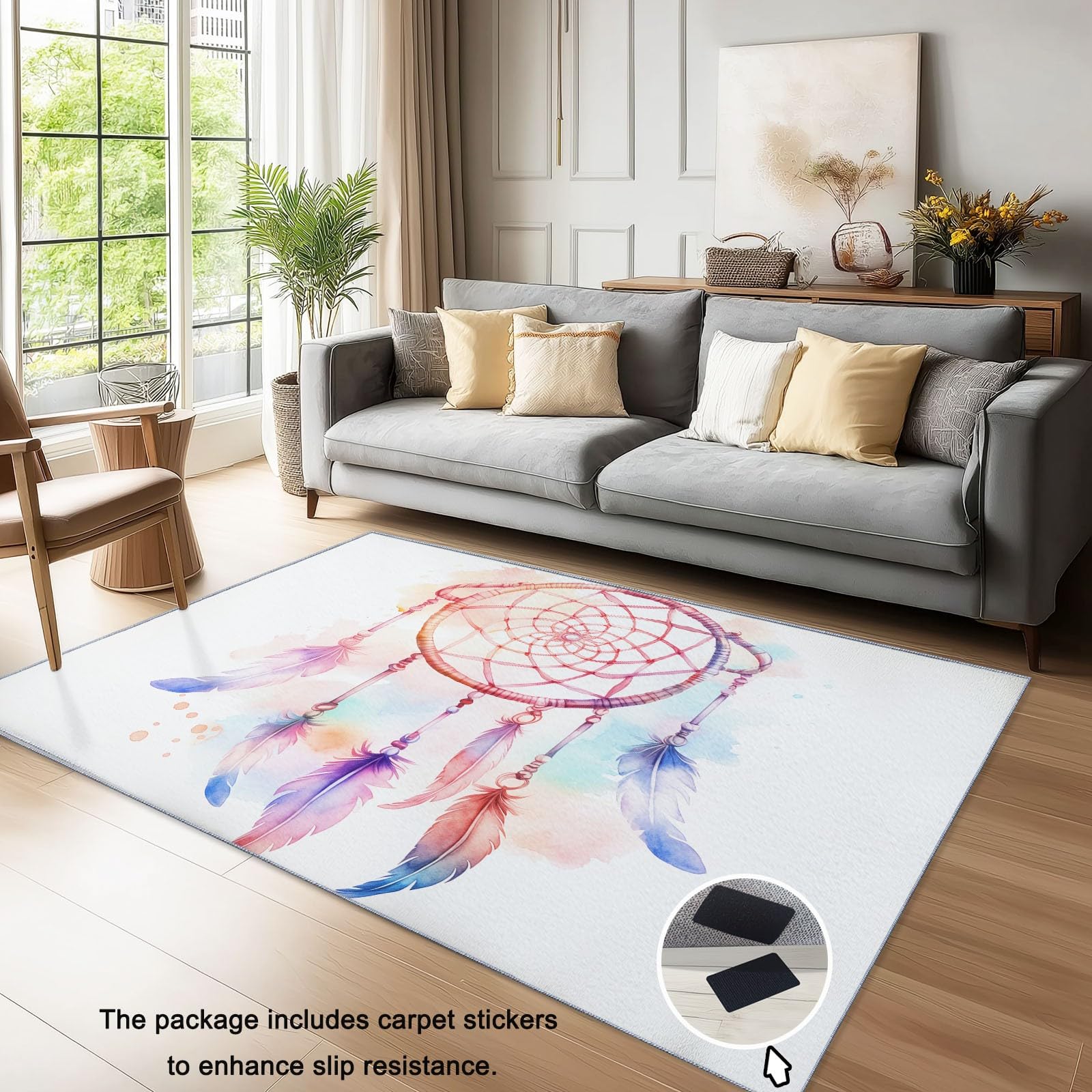 80 x 150 cm Teppich für Wohnzimmer – Kurzflor, Extra Weich & Pflegeleicht, Rechteckiger Teppich mit Aquarell-Traumfänger, geeignet für Schlafzimmer Küche Esszimmer & Kinderzimmer, Weiß
