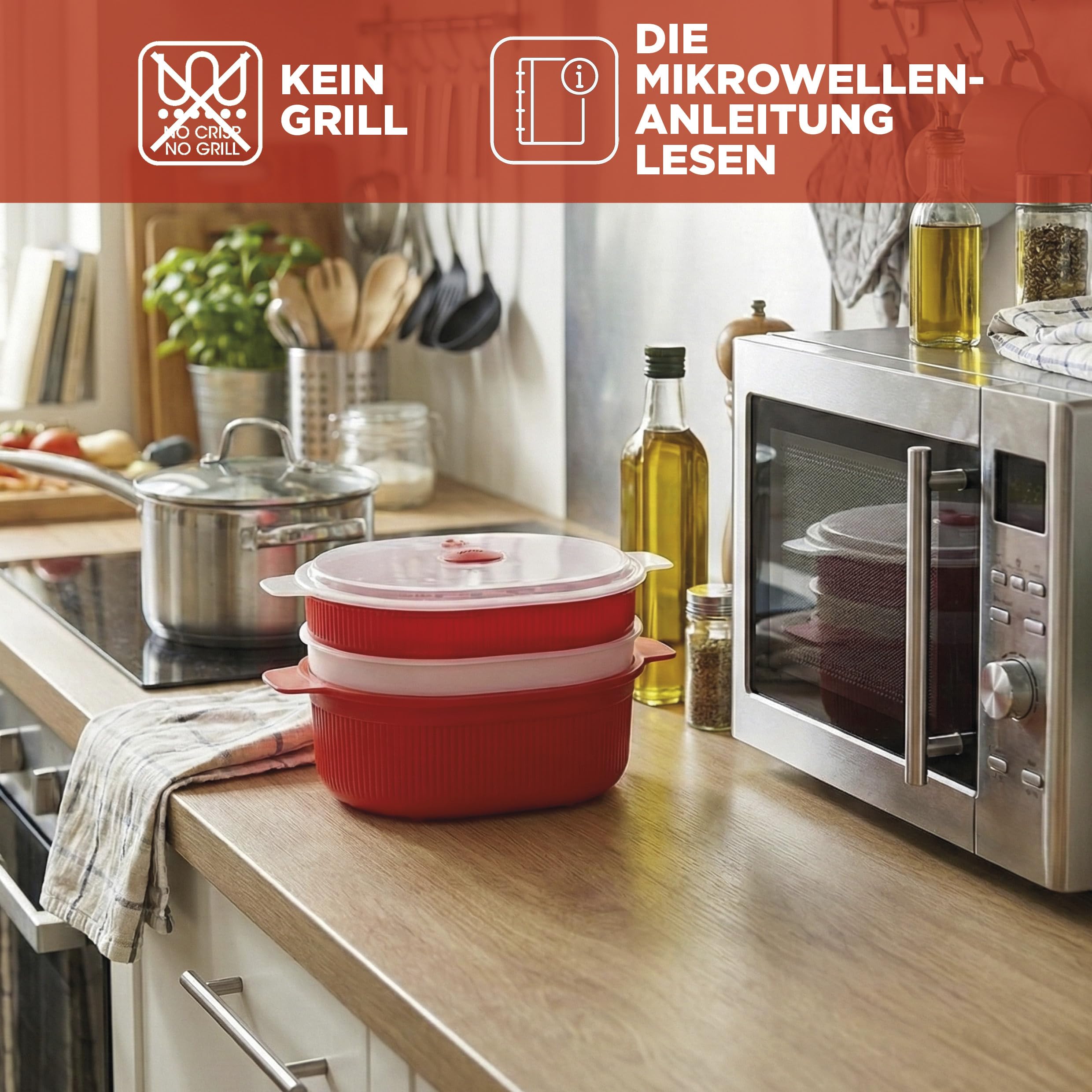 Snips - Dampfgarer für Mikrowelle Rot 4L, Microwave Mikrowellenschüssel mit 2 Tabletts - Mikrowellenbehälter Spülmaschinenfest Energiesparend und Schnelle Zubereitung, 26.5x22x13.5 cm, Made in Italy