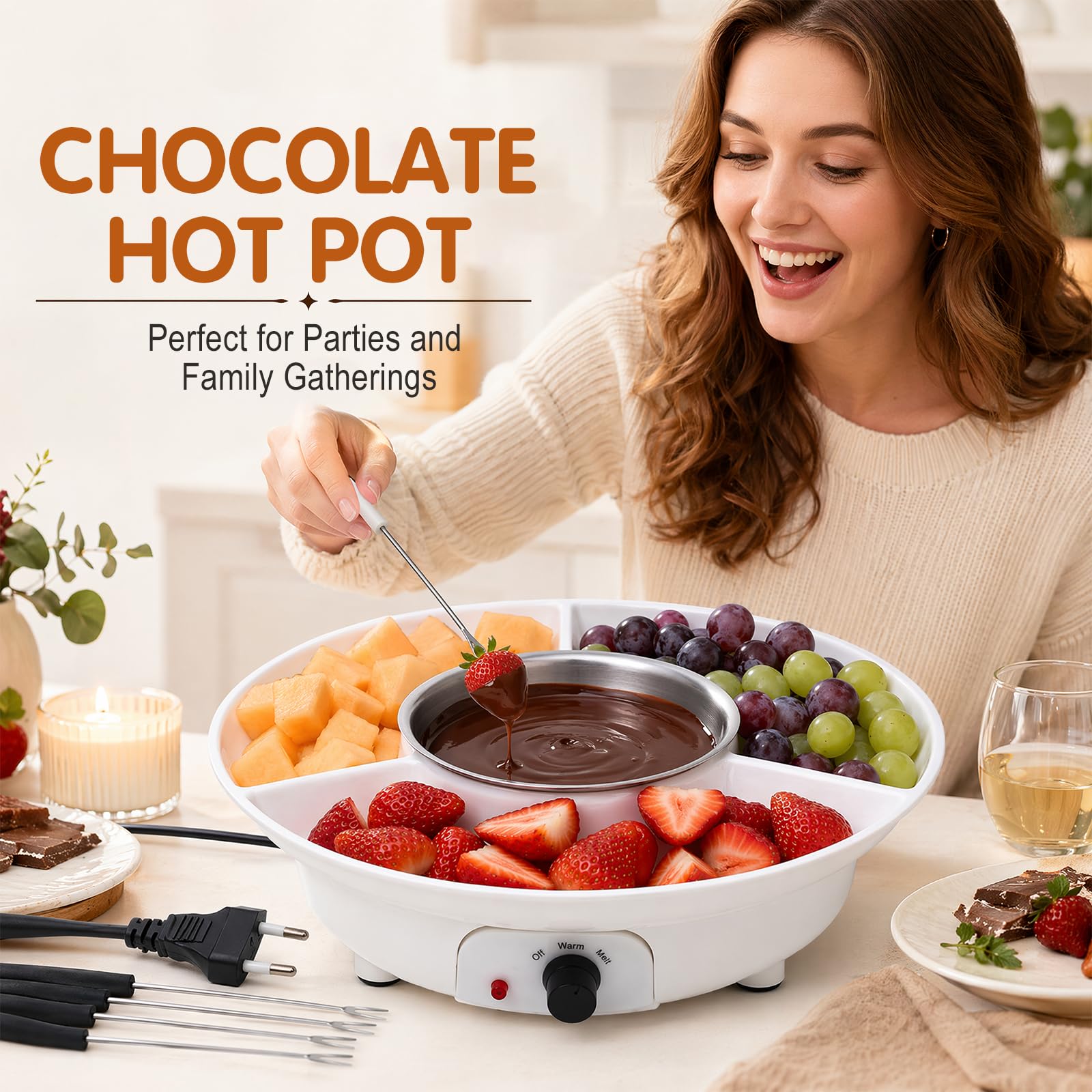 Fondue de chocolate eléctrica con 4 tenedores, atemperador de chocolate y derretir el chocolate, 2 niveles de temperatura, fuente de chocolate para chocolate, fruta, malvavisco (blanco)