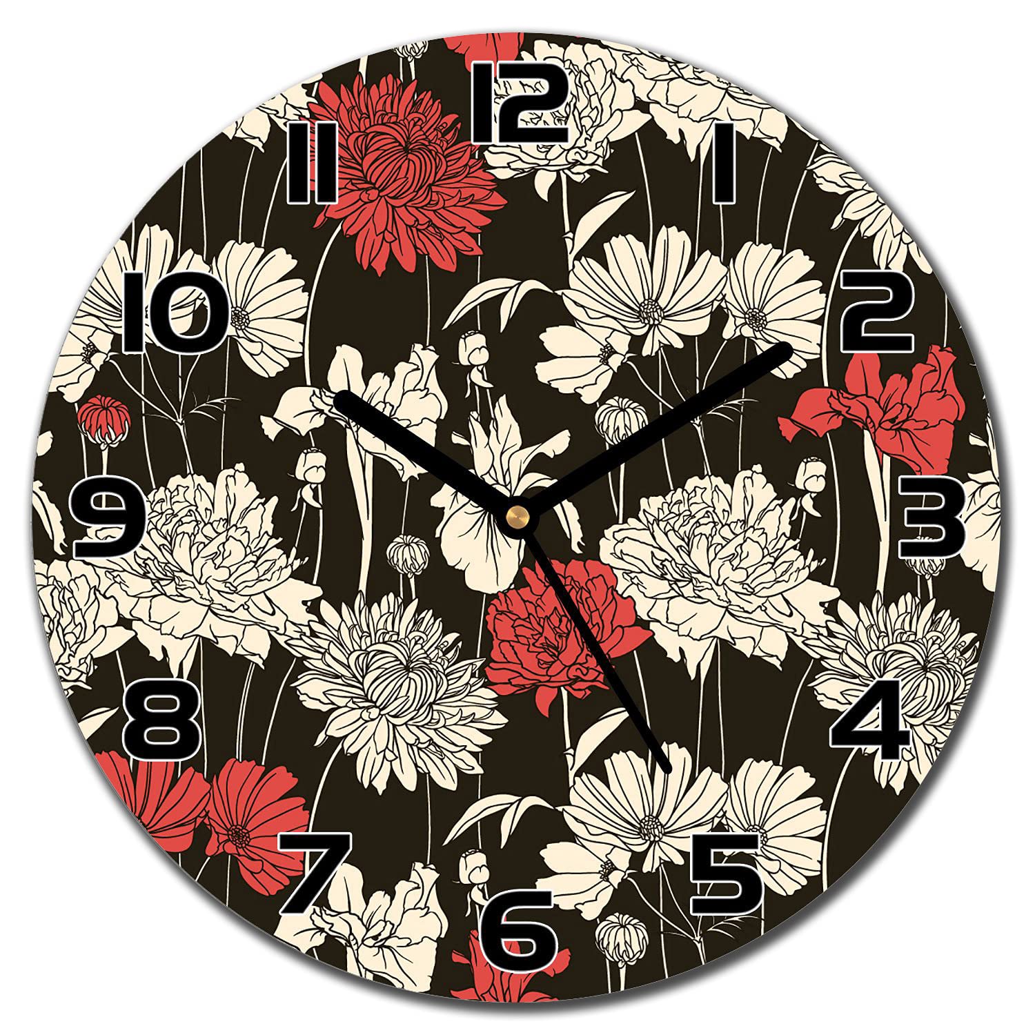 Horloge en verre bouquet de fleurs Coloray avec de fines aiguilles noires