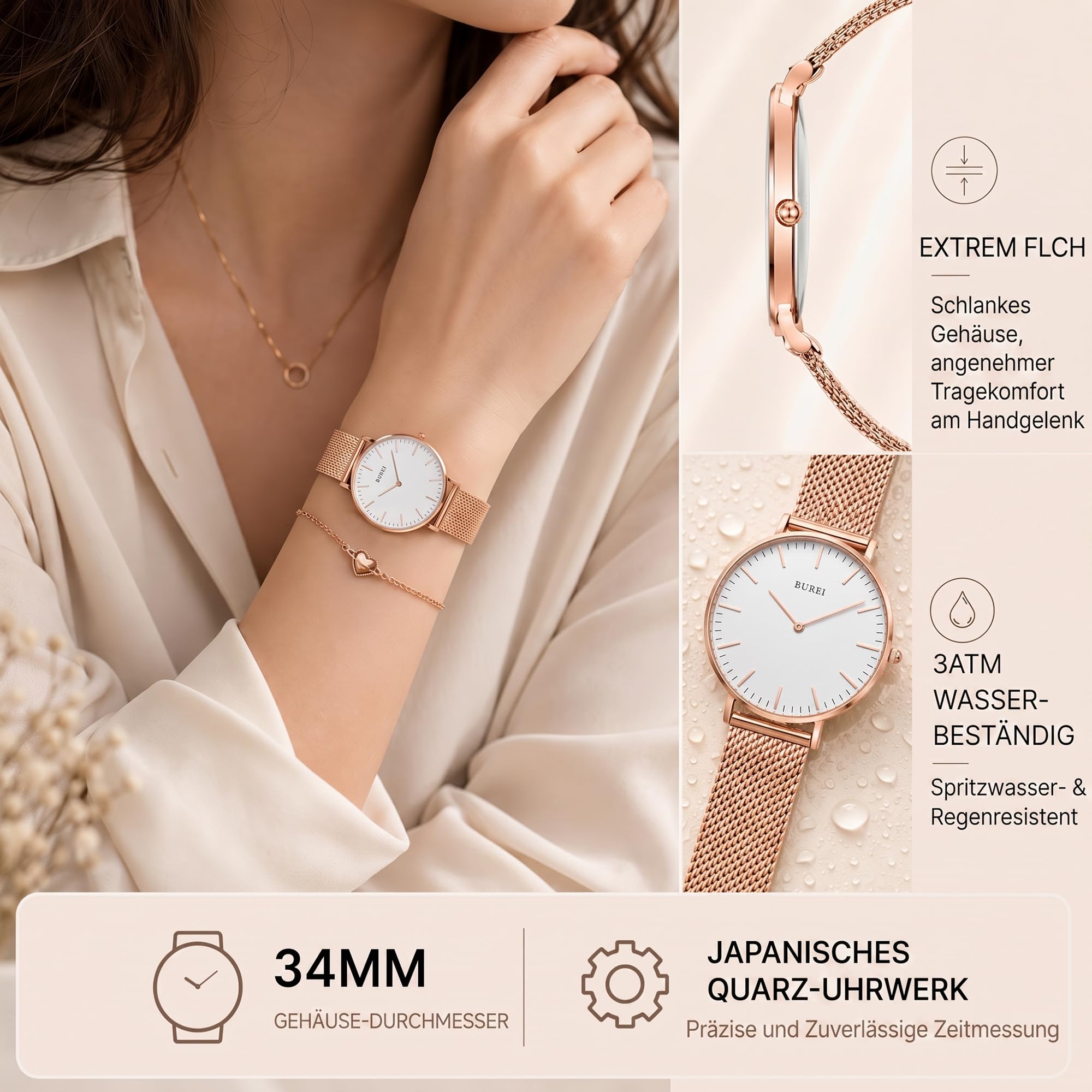 BUREI Montre Ultra Fine Demen Minimaliste Demen Montre analogique à Quartz Japonais avec Bracelet en Maille en Acier Inoxydable Cadeau pour Femme