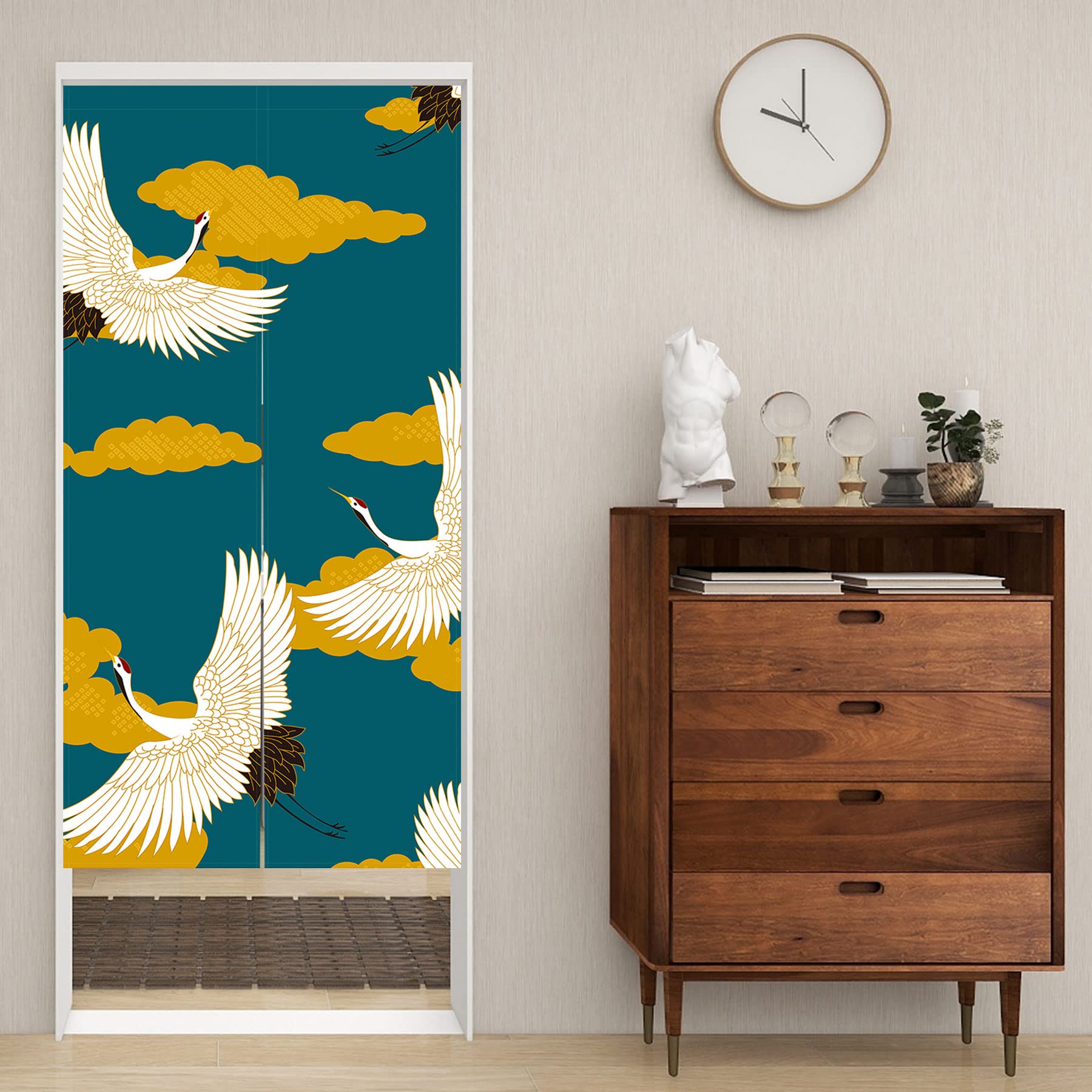 LIGICKY Japanischer Stil Dick Noren Lang Vorhang Doppelseitig Druck TürVorhang Raumteiler Tapisserie für die Heimtextilien 85 x 180 cm, Grün (Gekrönten Kran Floral Moon)