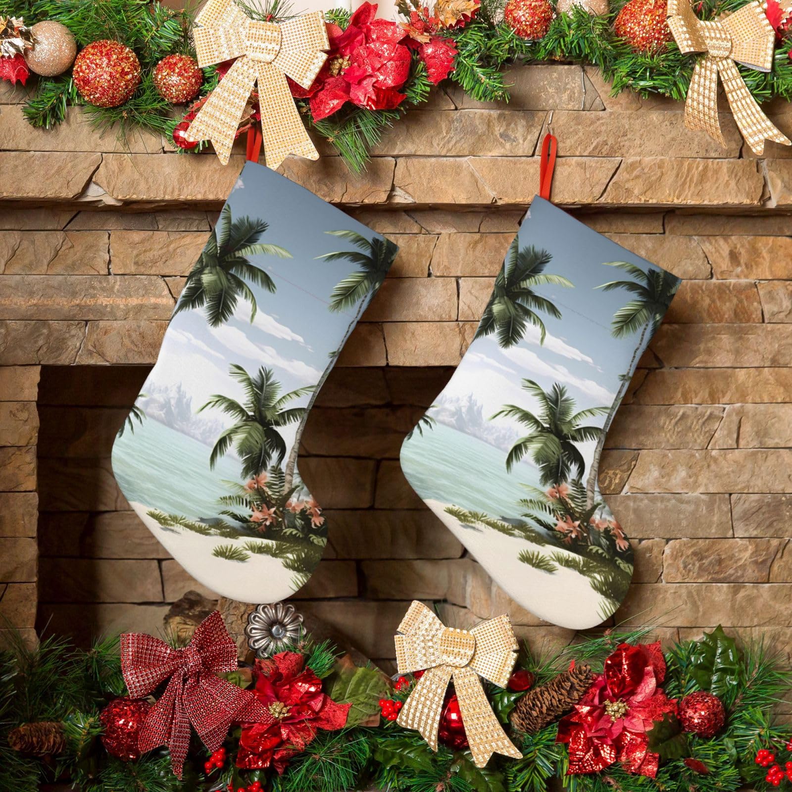 Tropical Palm Trees Christmas Stockings 18 Inches Velvet Xmas Fireplace Hanging Stocking Rustic Christmas Santa Stockings for Home Christmas Decorations Party Favor Supplies
