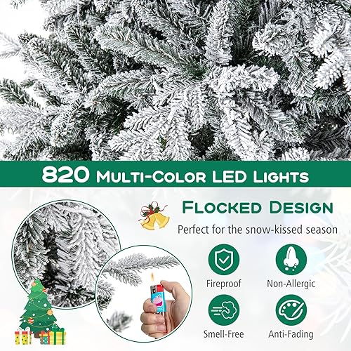 Miniatura 6 de HAPPYGRILL Árbol de Navidad flocado preiluminado de 6 pies, árbol de Navidad artificial con bisagras con 8 modos de iluminación, 260 luces LED