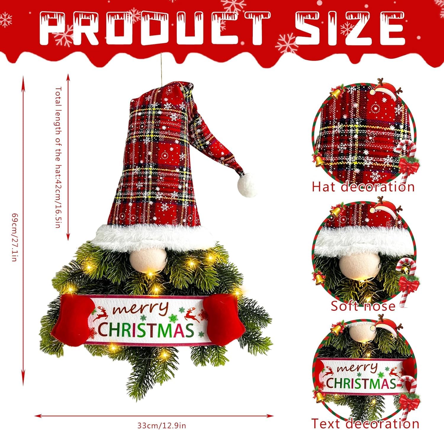 Couronne de Porte de Noël à LED avec Père Noël pour Extérieur，Rouge