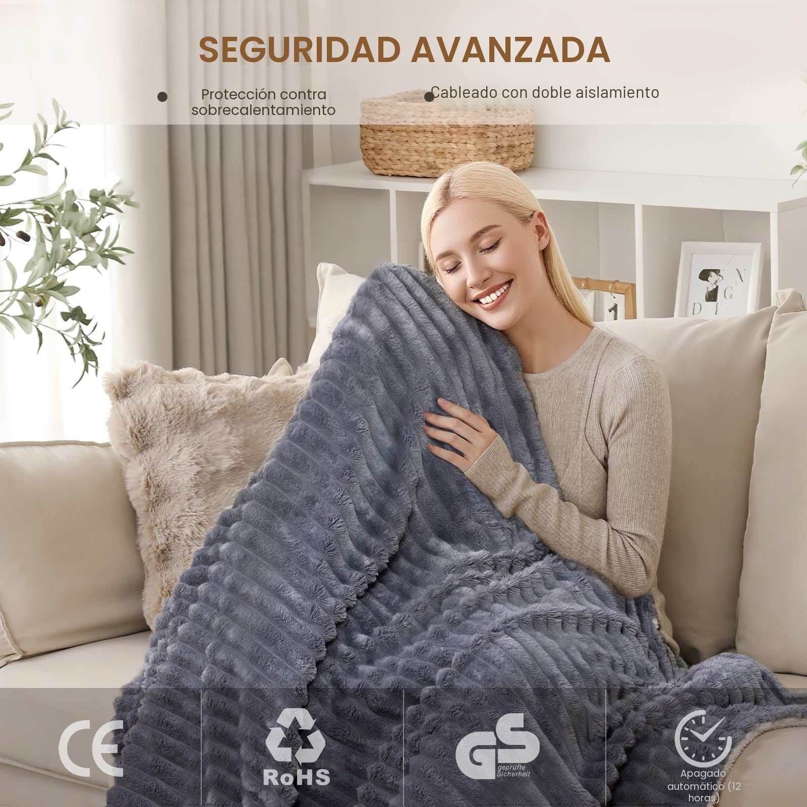 NALONE Manta Eléctrica Grande160x130cm, Manta Termica 9 Niveles de Calor, Temporizador de 12 Horas para Cama, Hogar y Oficina Franela Lavable a Máquina (160 x 130cm)
