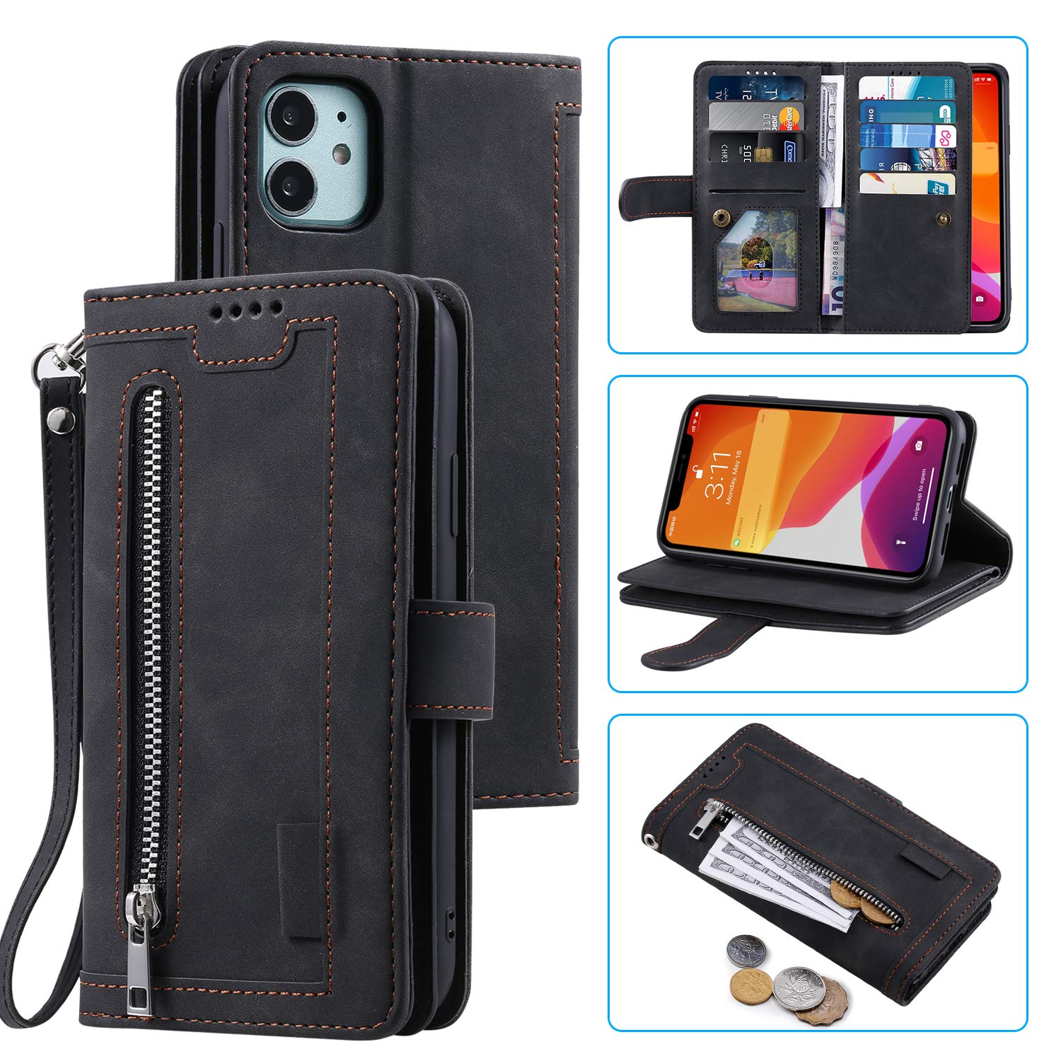 UEEBAIWallet Case for iPhone 12 mini 5.4 inch, Retro 9 Card Holder Slots Zipper Pocket Handbag Case PU Leather Magnetic Closure Kickstand with Wrist Strap TPU Shockproof folio Case - Black