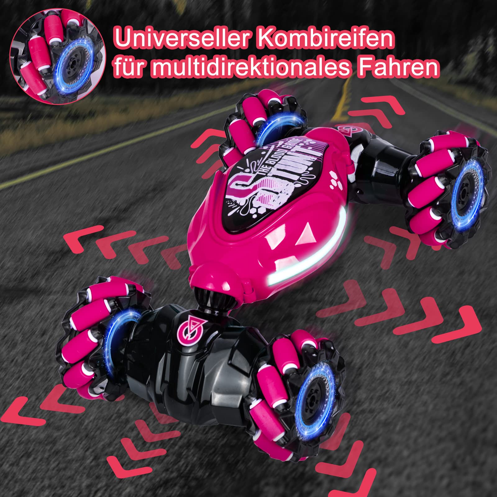Ltteaoy Gesto Operazione RC Auto per Bambini,4WD 2.4GHz 6/7/8 anni auto telecomandata,doppio lato rotante Off-Road RC Twist Car 360 ° capovolge con luce e musica, regali per i bambini (rosa)