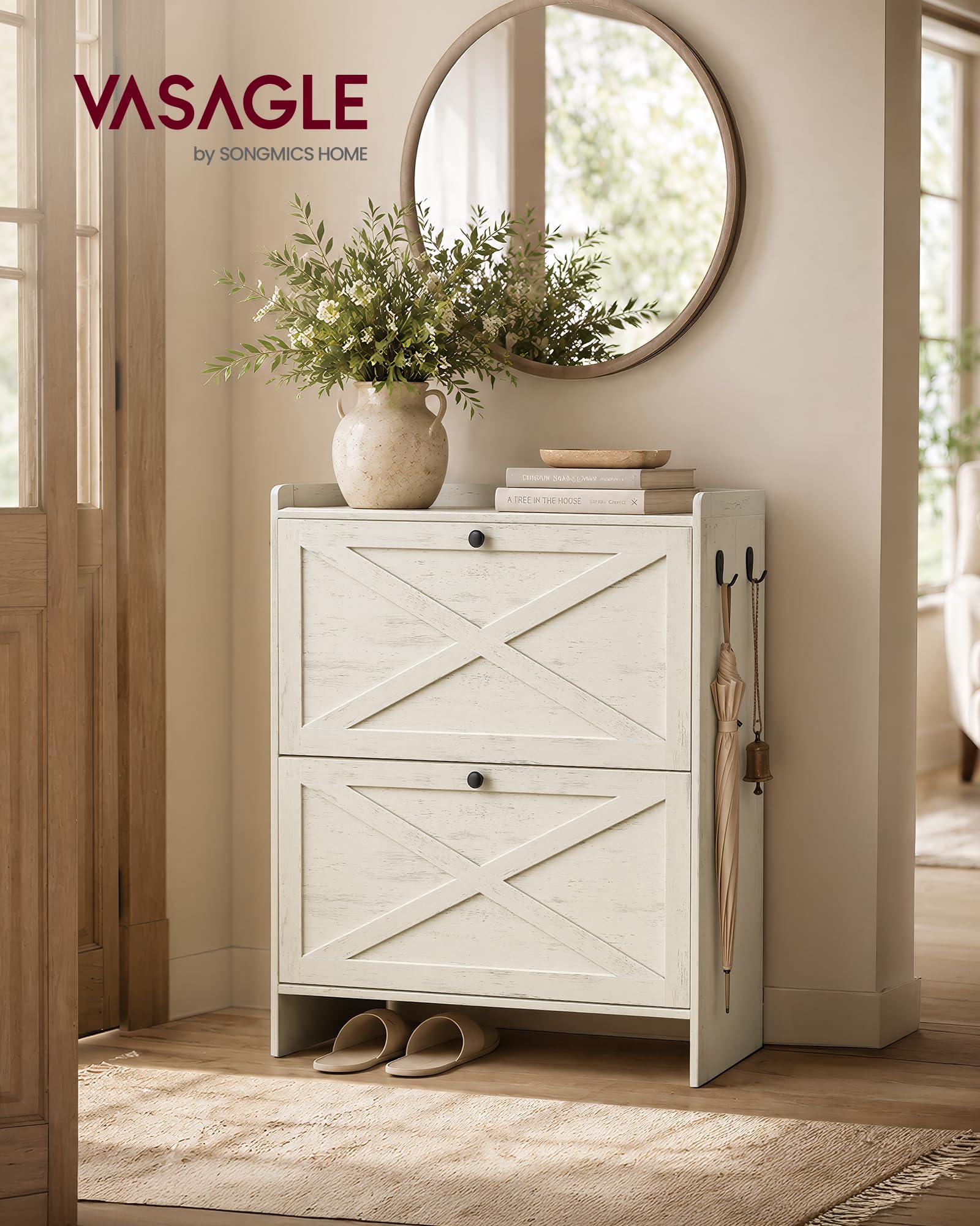 VASAGLE Scarpiera, Mobile Porta Scarpe Salvaspazio con 2 Cassetti a Ribalta e Ganci, 83 x 24 x 102,2 cm, per Ingresso, Stile Rustico, Bianco Nuvola, Collezione HAINS HSC203WJ01