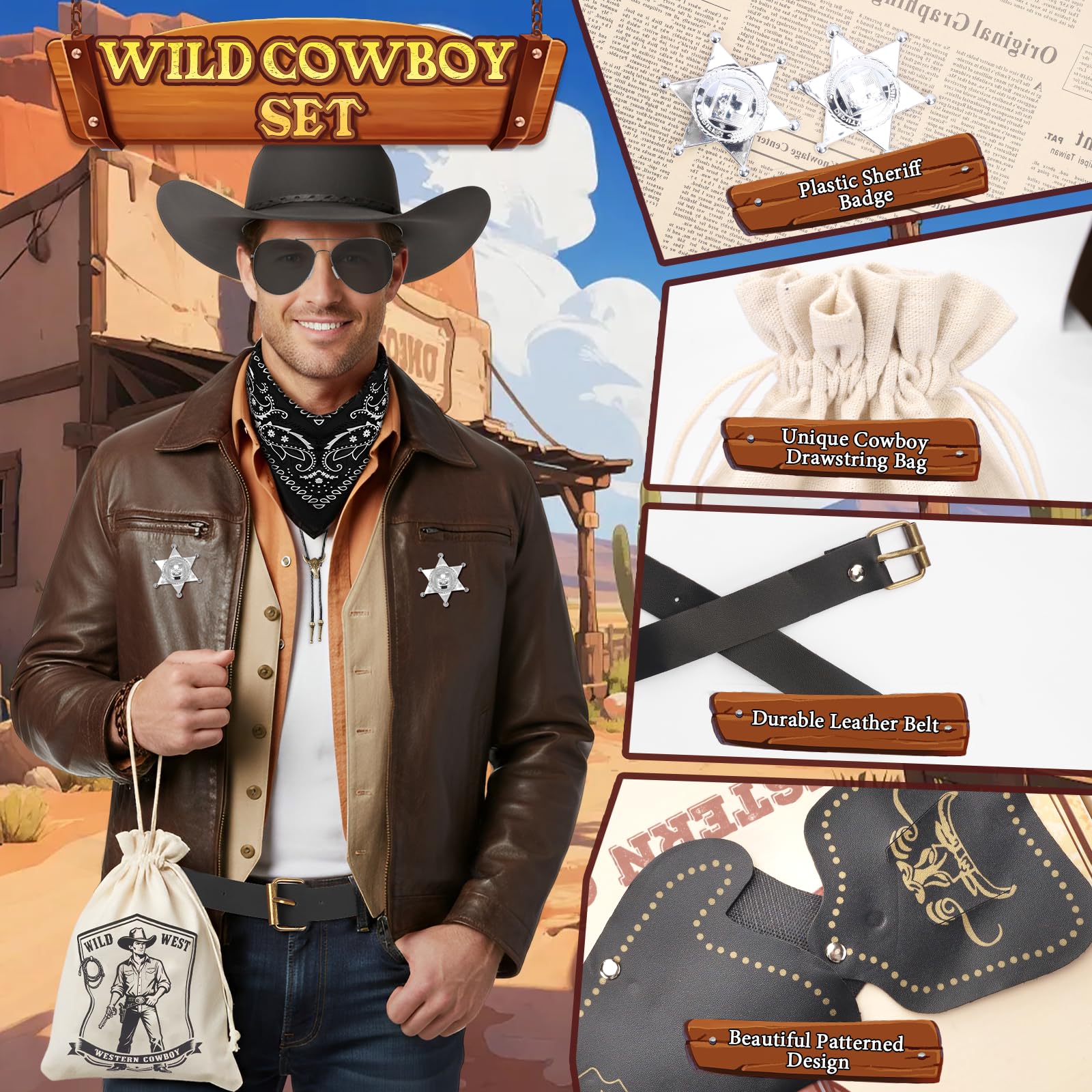 9Pcs Cowboy Costume Accessories, Wild West Cowboy Fancy Dress with Necklace Holster Sunglasses Inflatable Prop Holster Bag Sheriff Badges Belt Western Outfit Kits for Women Men Cosplay Hen Do Party - Image 3
