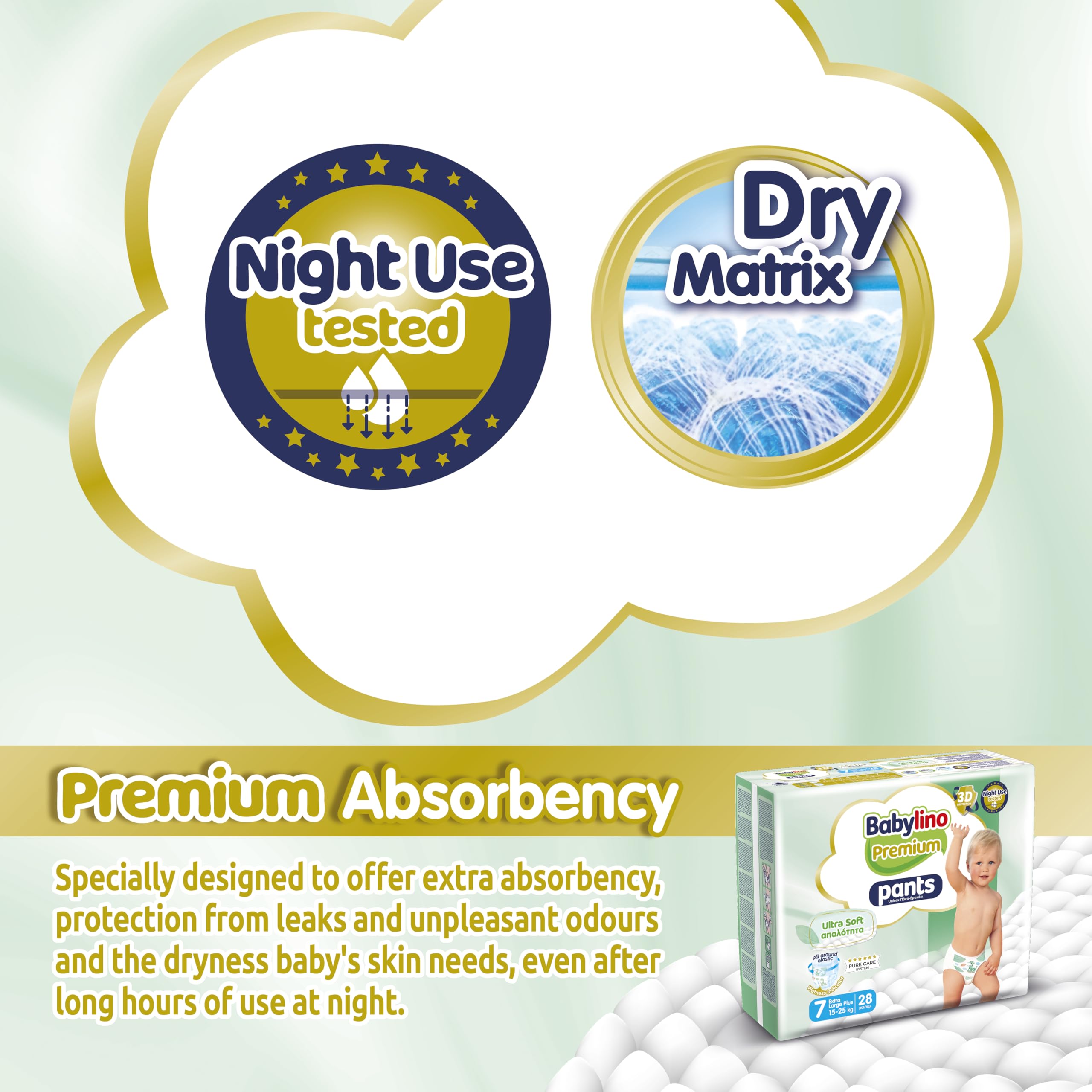 Babylino Spodnie premium, rozmiar 7 pieluch z filtrem ULTRA SOFT, bardzo duże plus (15-25 kg), 28 sztuk