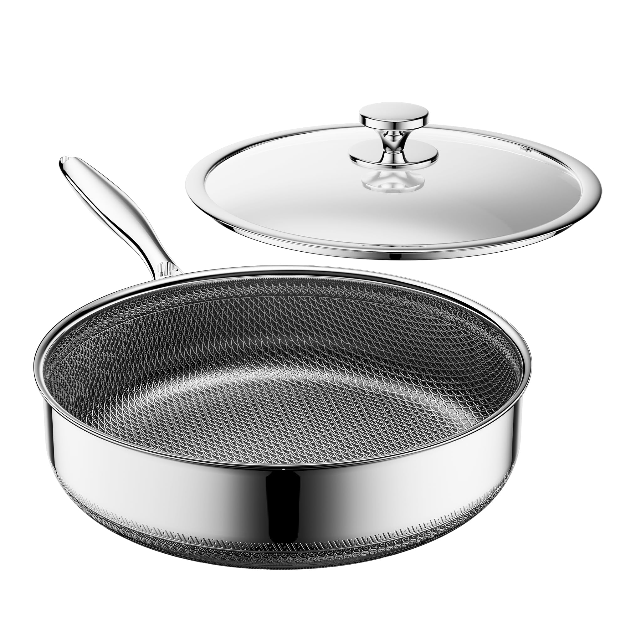 Tiefe Bratpfanne mit Deckel 26cm, Edelstahlpfanne Hybrid, Kühl bleibender Griff, Spülmaschinenfest, PFAS, PFOA und PTFE Frei, Ofenfest bis 260 °C, Geeignet für Induktion, Alle Herdarten