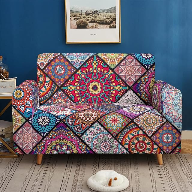 Morbuy Stretch Sofa Covers 2 seater, Non Slip Mandala Printed Couch Covers Sofa Slipcovers, Washable Furniture Protector Sofa Cover with 1 Sticky Roller