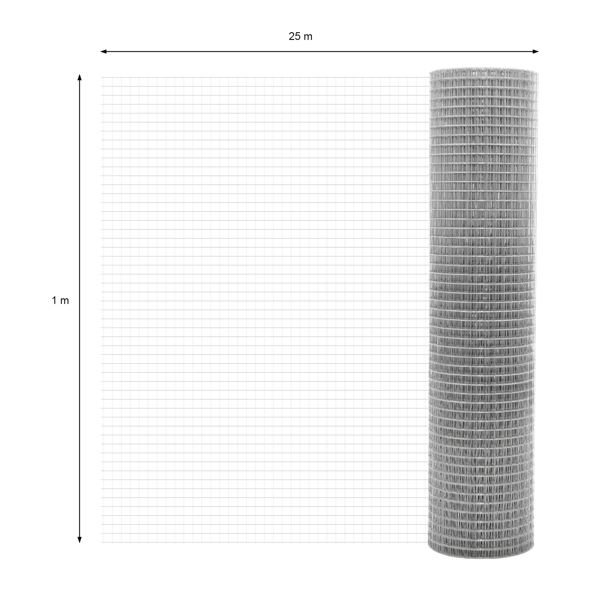 ECD Germany Malla de Alambre para Pajarera 25x25 mm Acero Galvanizado Plata 1m x 25m Valla de 4 Esquinas Soldada 1,05 mm de Espesor Rejilla para Conejos Red Flexible Resistente a la Interperie