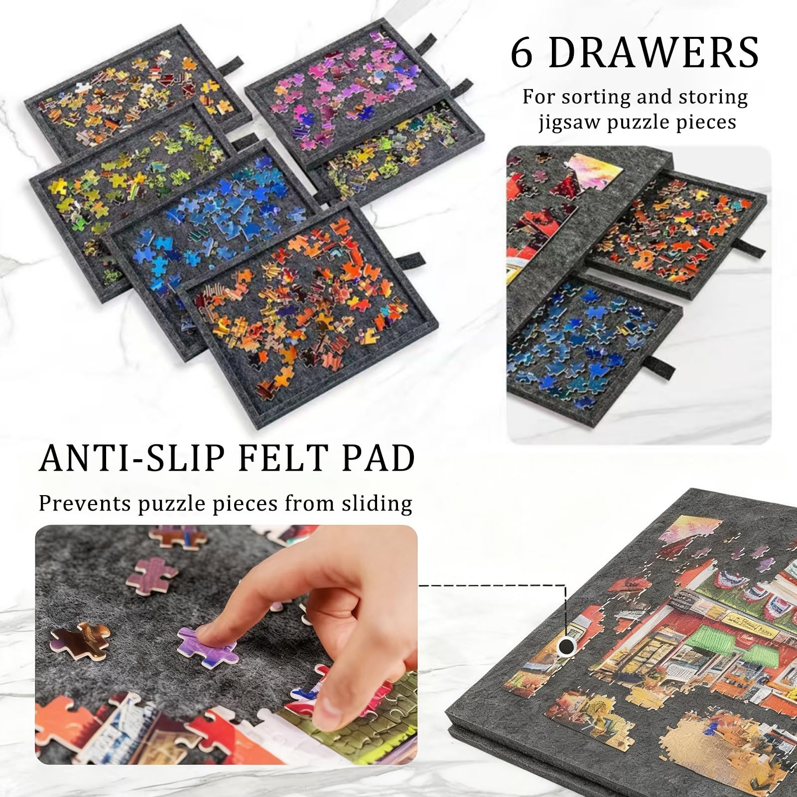 Puzzelbord met 2-in-1 standaard en dekselontwerp, lichtgewicht, met vilt gevoerde opbergdoos met 6 laden. Geschikt voor zowel volwassenen als kinderen, geschikt voor legpuzzels van 1000 stukjes Puzzelbord met 2-in-1 standaard en dekselontwerp, lichtgewicht, met vilt gevoerde opbergdoos met 6 laden. Geschikt voor zowel volwassenen als kinderen, geschikt voor legpuzzels van 1000 stukjes