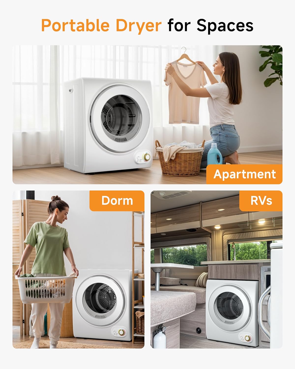 10 LBS Portable Dryer, 1.5 Cu.Ft. Portable Clothes Dryer with Knob Control, Stainless Steel Drum, Exhaust Pipe, 850W Drying Machine for Apartment, Dorm, Home, White