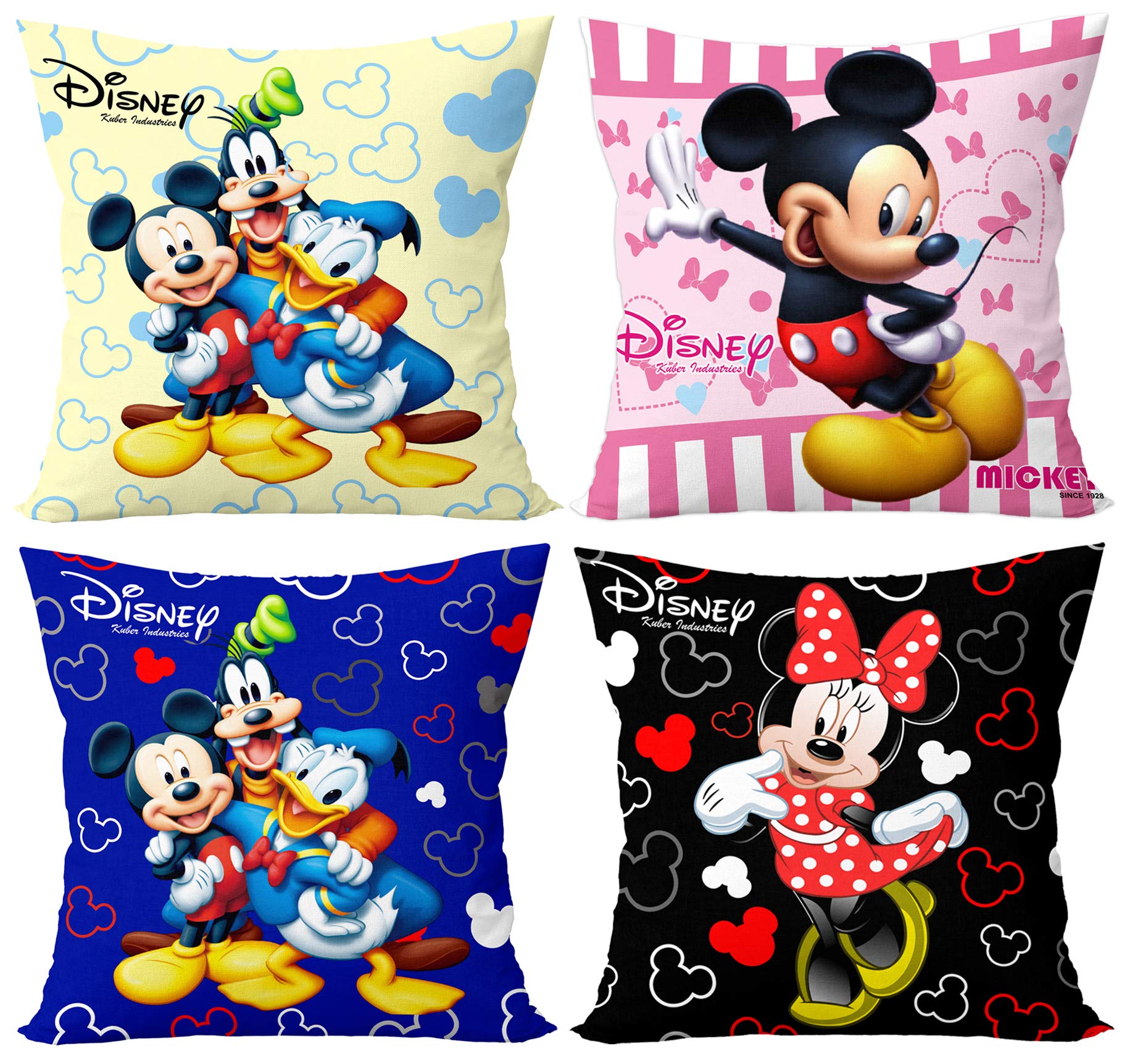 Kuber Industries Disney Printed Microfibre Filled Cushion Filler 16"x16" (Blue, Black, Pink & Cream)-Pack of 4-KUBMART15917