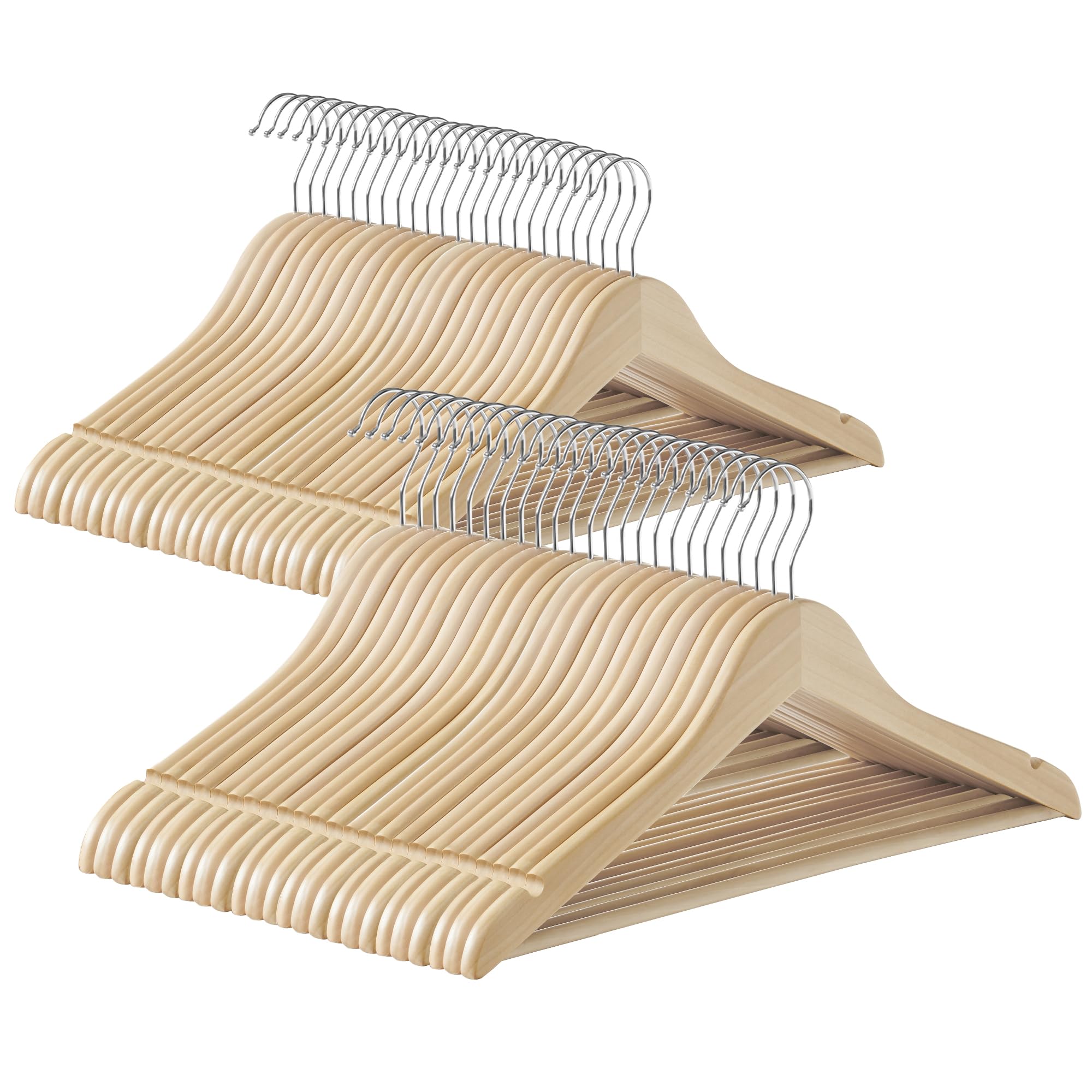 SONGMICS Wooden Hangers, Pack of 48, Coat Hangers, Non-Slip, Pants Bar, 360° Swivel Hooks, for Jackets, Shirts, Coats, Natural Beige CRW010N48