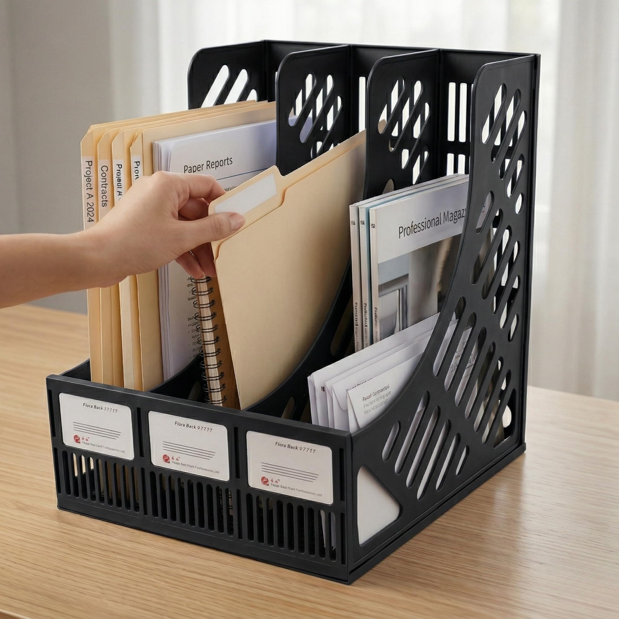 Plastic File Rack, File Rack for Office, Storage Rack Paper Magazine Holder, Rack for Office Cabinet, File Holder Rack with Three Section (Pack of 1, Black)