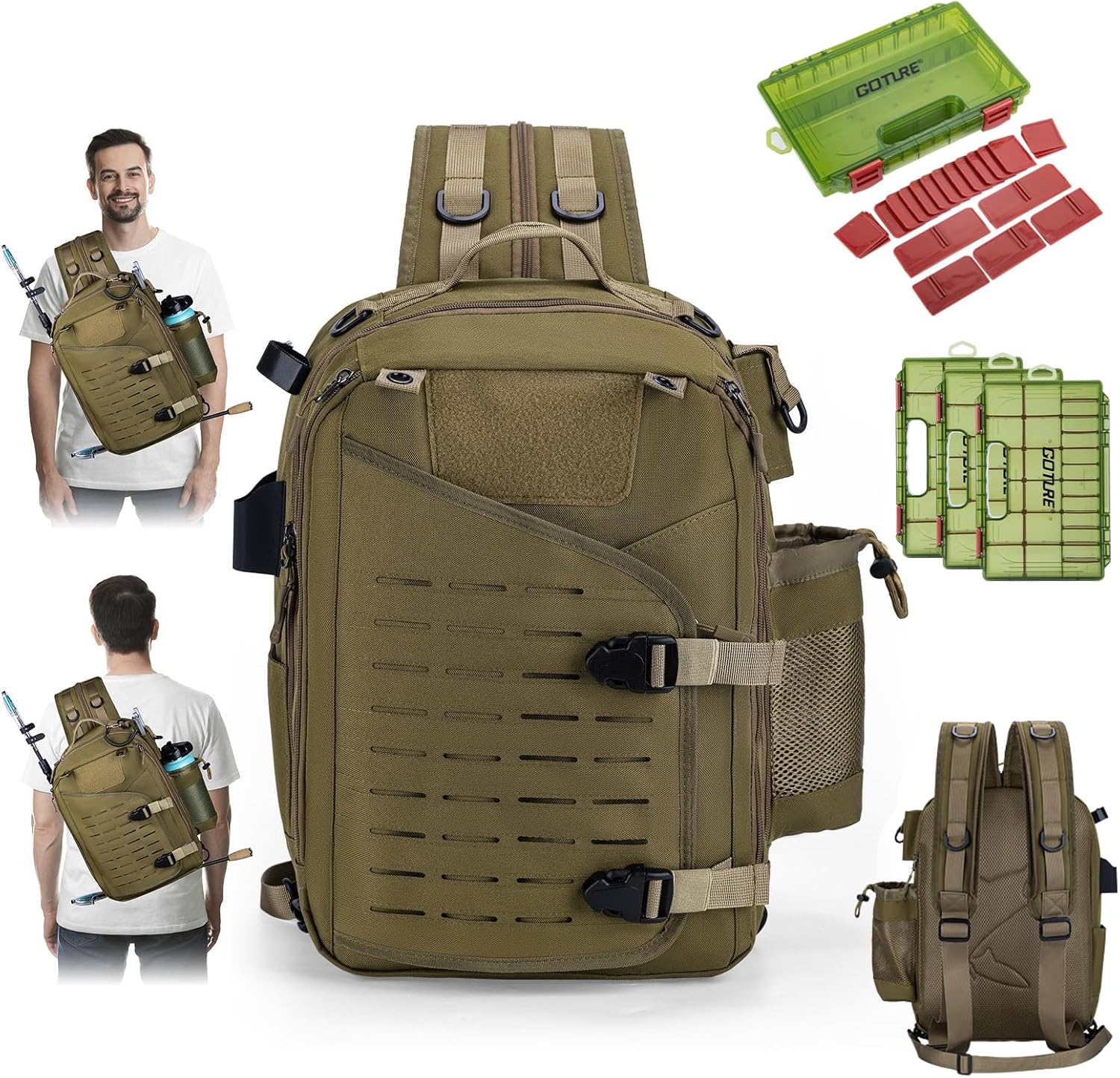 Goture Khaki Tackle Bag with Trays Rod Holder 900D Durable Fishing Tackle Storage Bag for Kayak, Shore Fishing