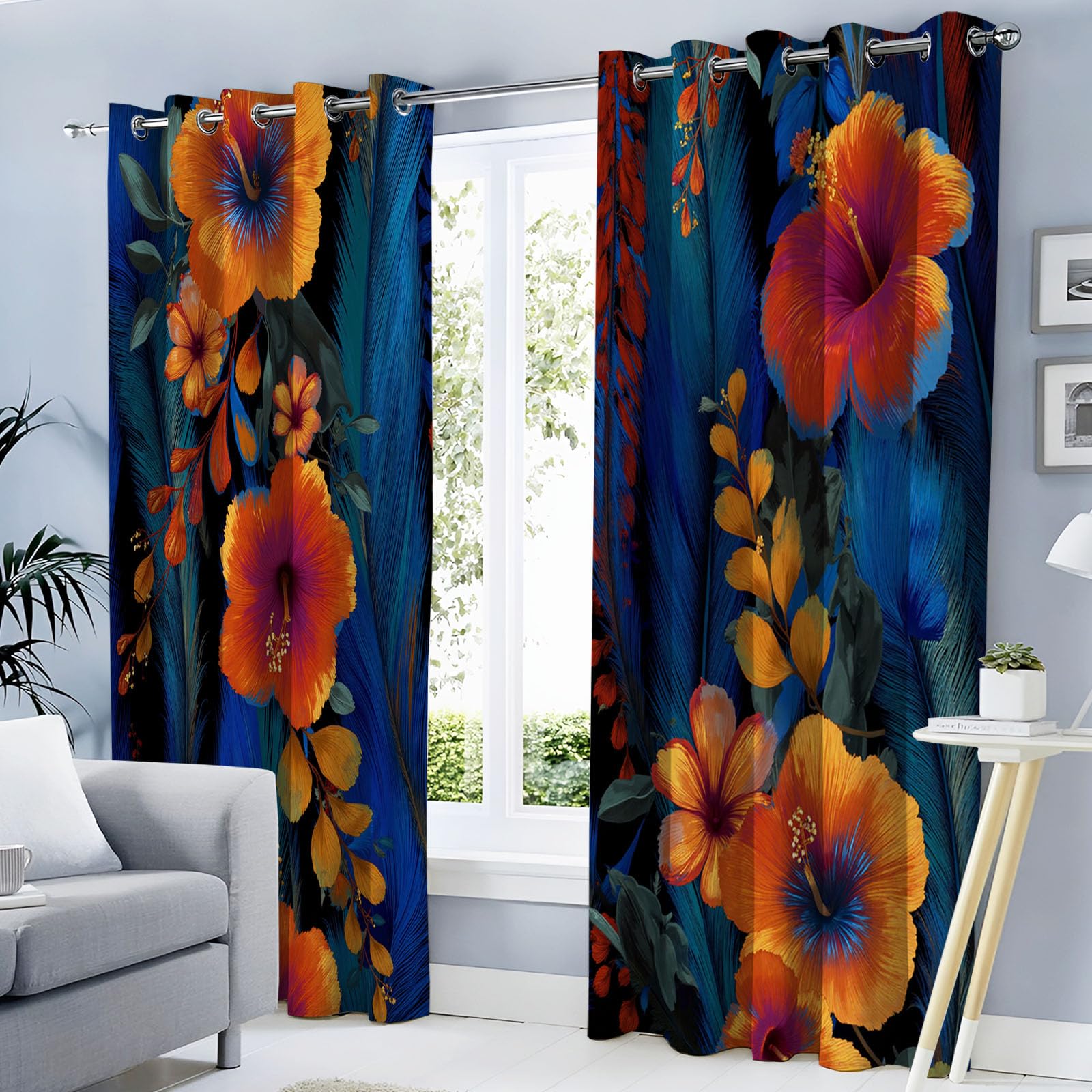 Rideau fleur bleu foncé occultant thermique salon chambre 132x213