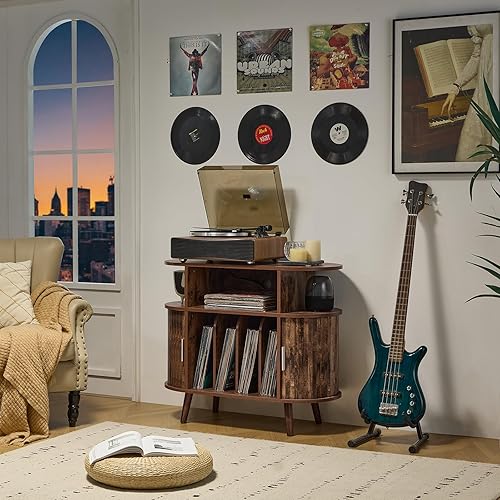 Miniatura 9 de LELELINKY Soporte redondo grande para tocadiscos con estación de carga y panel estriado, gabinete giratorio moderno de mediados de siglo marrón con