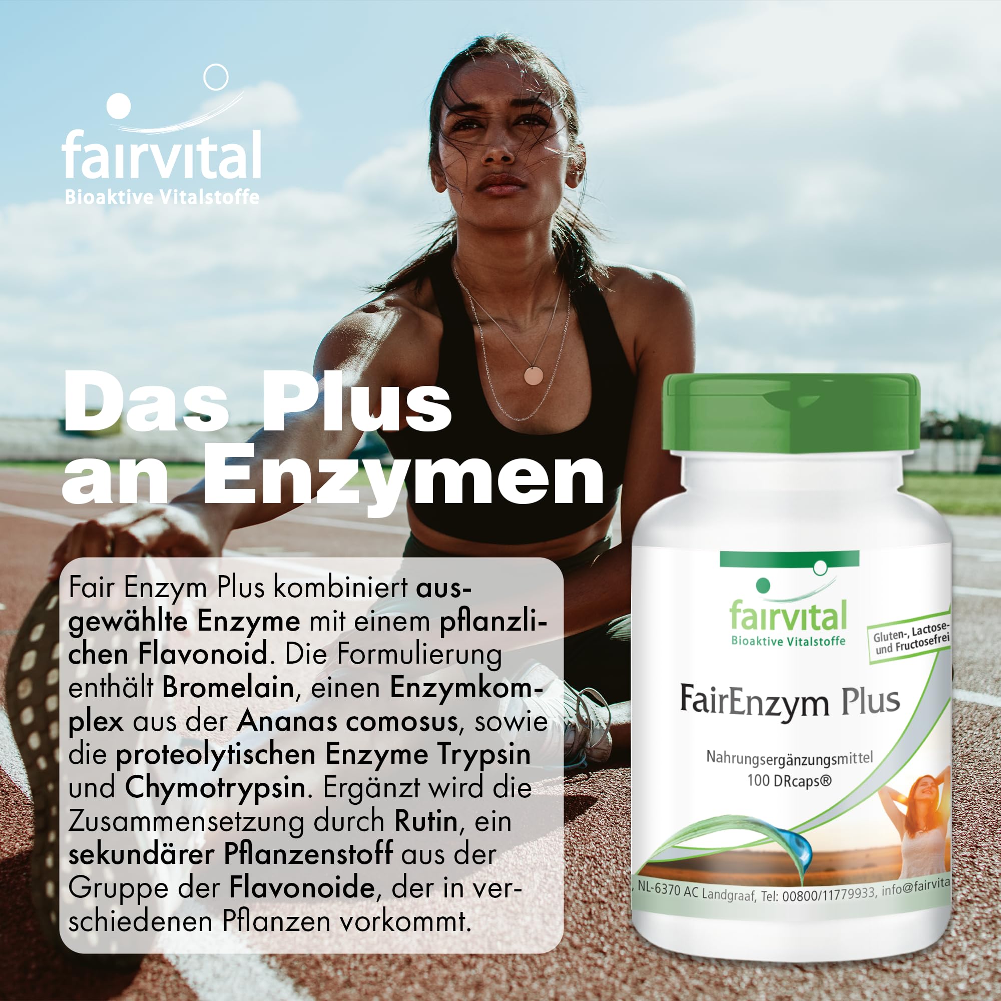 fairvital FairEnzym Plus, 100 DRCaps™, schluckfreundlich, Multi Enzym Komplex, mit Rutosid, Bromelain, Trypsin & Chymotrypsin HOCHDOSIERT