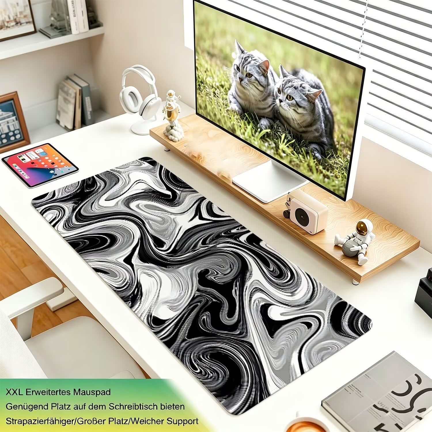 Tappetino Mouse Gaming XXL, Mousepad 1200x600x4mm bianco nero gatto 0x0-209 | Tappetino Scrivania con Base in Gomma Antiscivolo Bordi Cuciti per Computer, PC, Migliora la Precisione e la Velocità