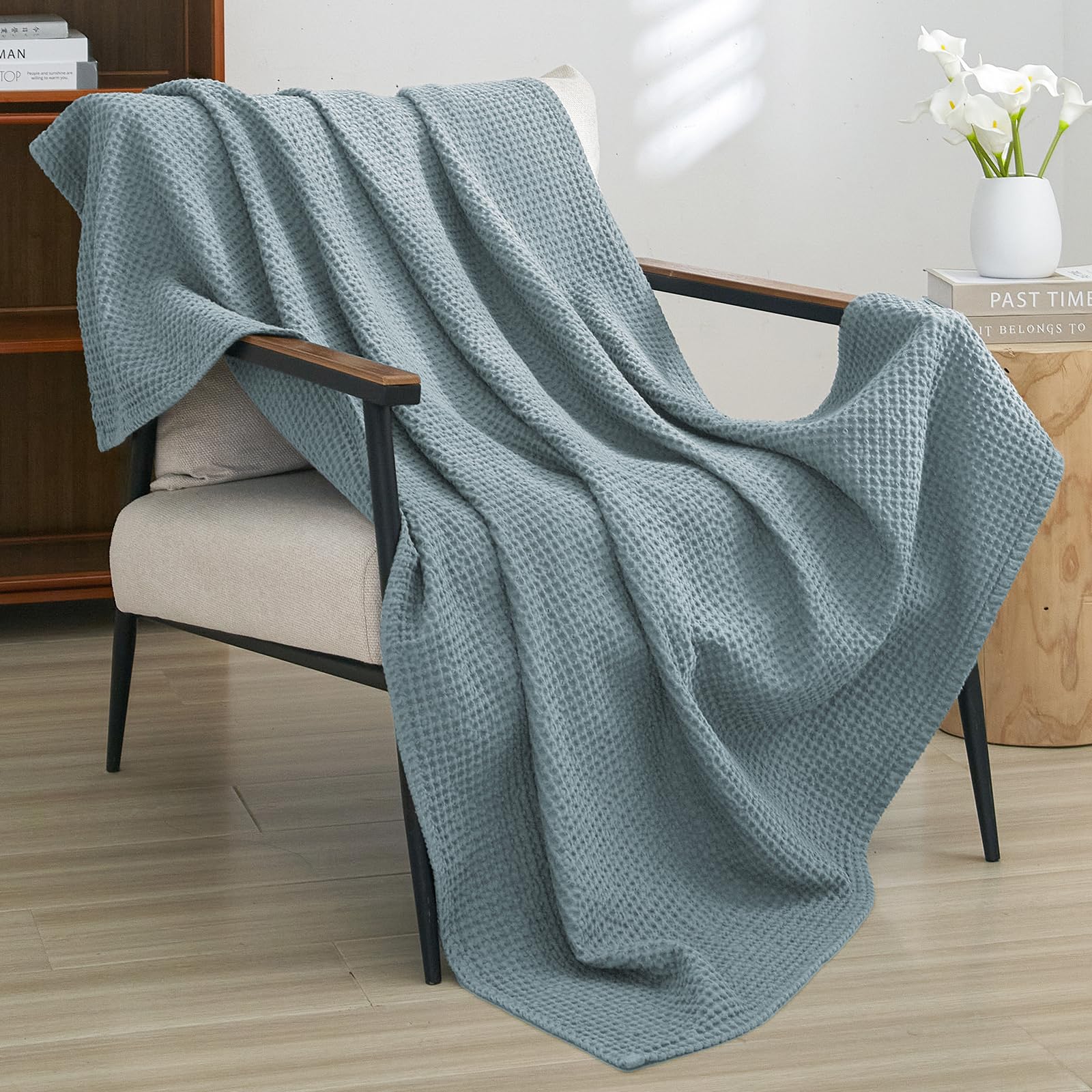 phf 100% cotton waffle weave throw blanket 50" x 60" - lightweight cozy washed soft breathable throw - perfect layer for couch bed sofa - elegant aesthetic home decoration gift - ocean