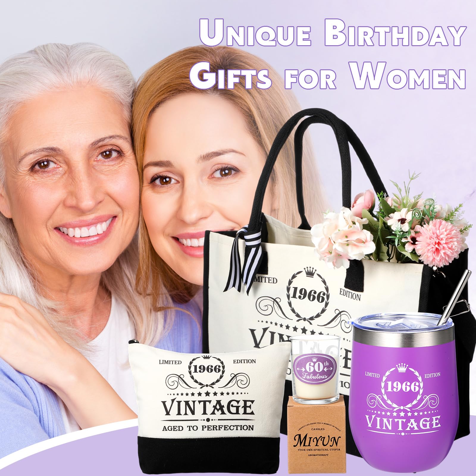 Patelai 8 piezas de regalos de 60 cumpleaños para mujeres, regalos de 60 años para mujer de 60 años, vintage, 1965, cesta de vaso, bolsa de mano, juego de regalos de cumpleaños para mamá de 60 años