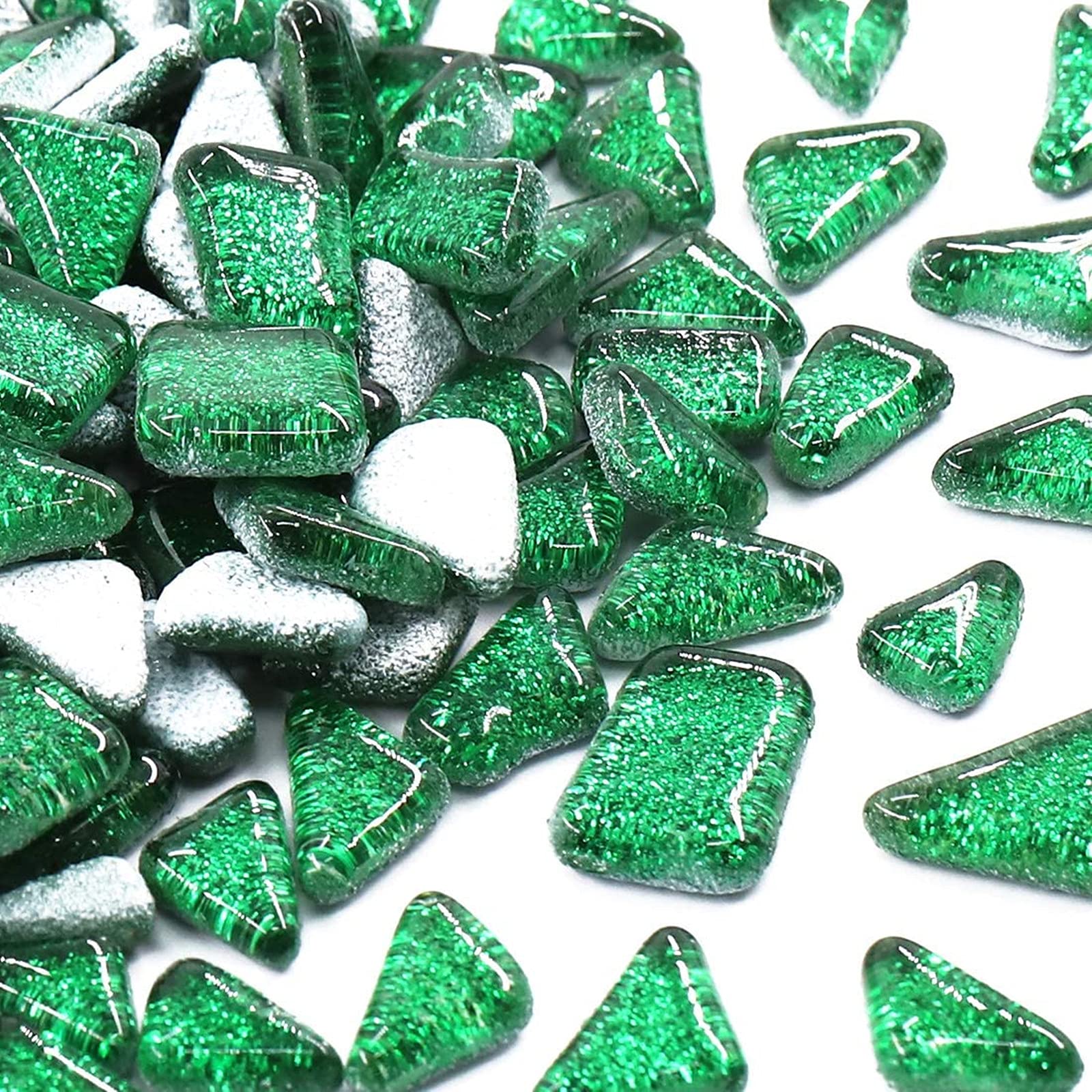 Glas Mosaiksteine 200g, Quadrat und Dreieck Mosaikfliesen Glasfliesen Glitzerkristall Glasmosaik, Glassteine Mosaik Steine für Basteln, Haus Deko(Grün)