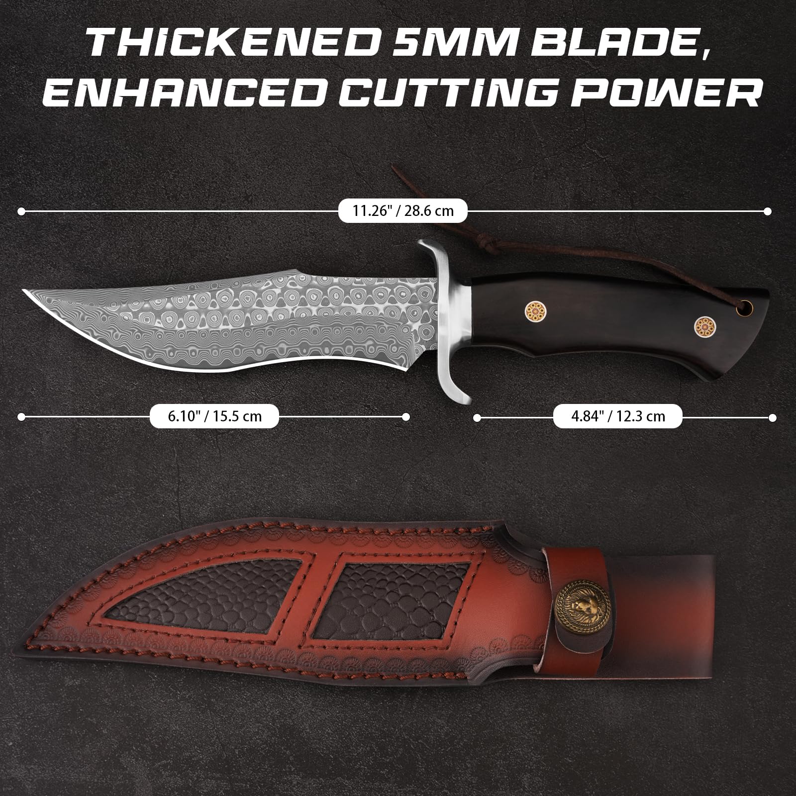 di caccia Lama fissa P-S-DMSG, lunghezza lama 16,3 cm Acciaio damassato Coltello cintura con custodia in pelle, manica in legno, coltello esterno per campeggio